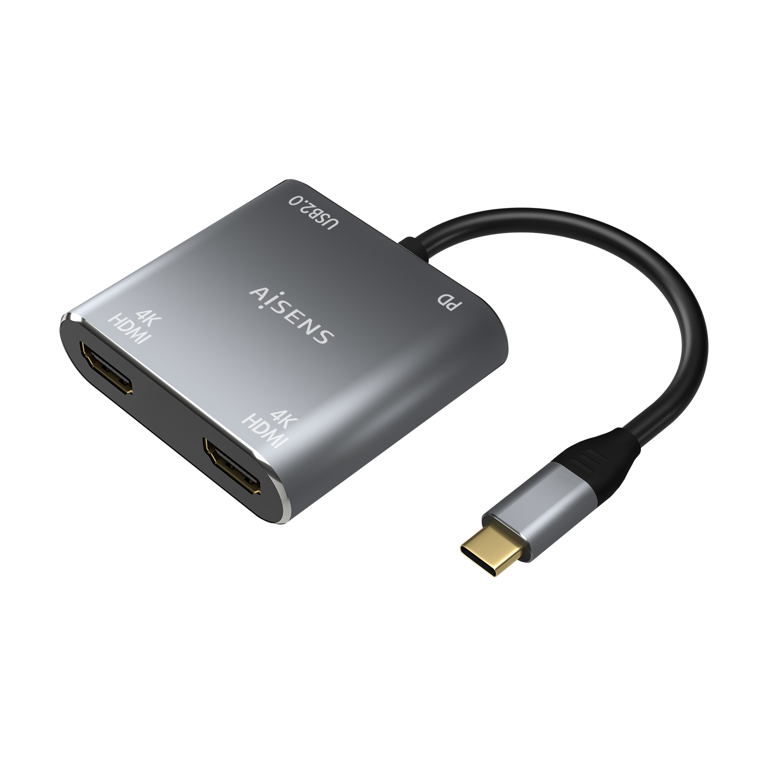 Un adaptador USB-C A!SENS gris y plateado con un cable negro. Tiene puertos HDMI y USB 2.0. El cable termina con un conector USB-C.