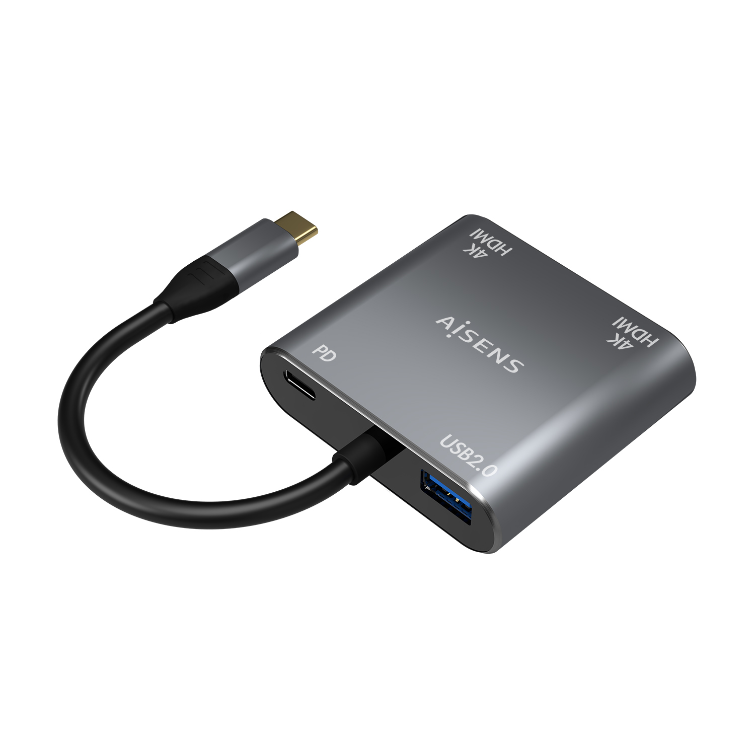 Un concentrador USB gris Ajsens con puertos HDMI, USB y alimentación. Un cable negro se conecta a un conector USB-C.