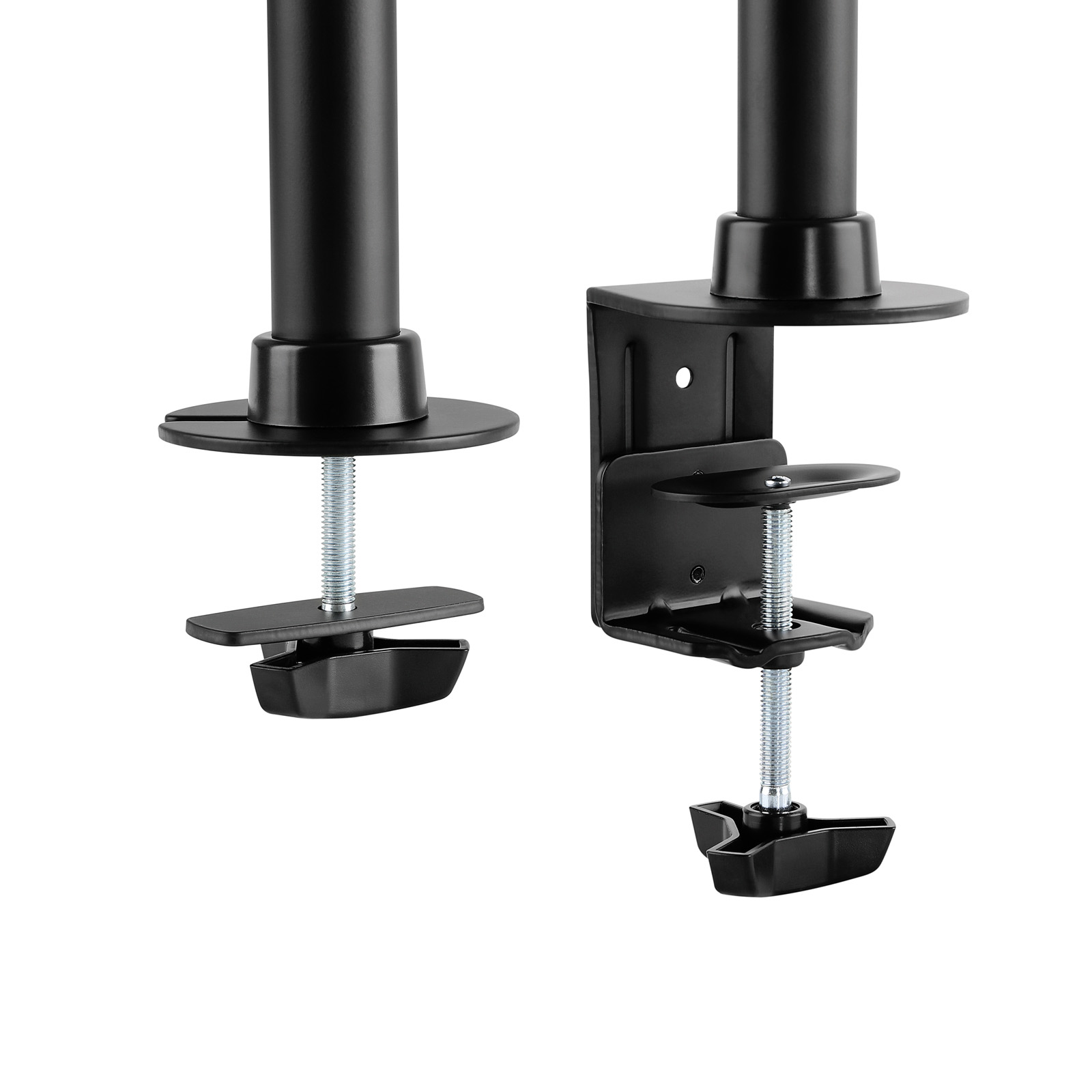Zwei schwarze Monitorhalterungsklemmen. Sie haben verstellbare Schrauben und Platten zur Befestigung an einem Schreibtisch.
