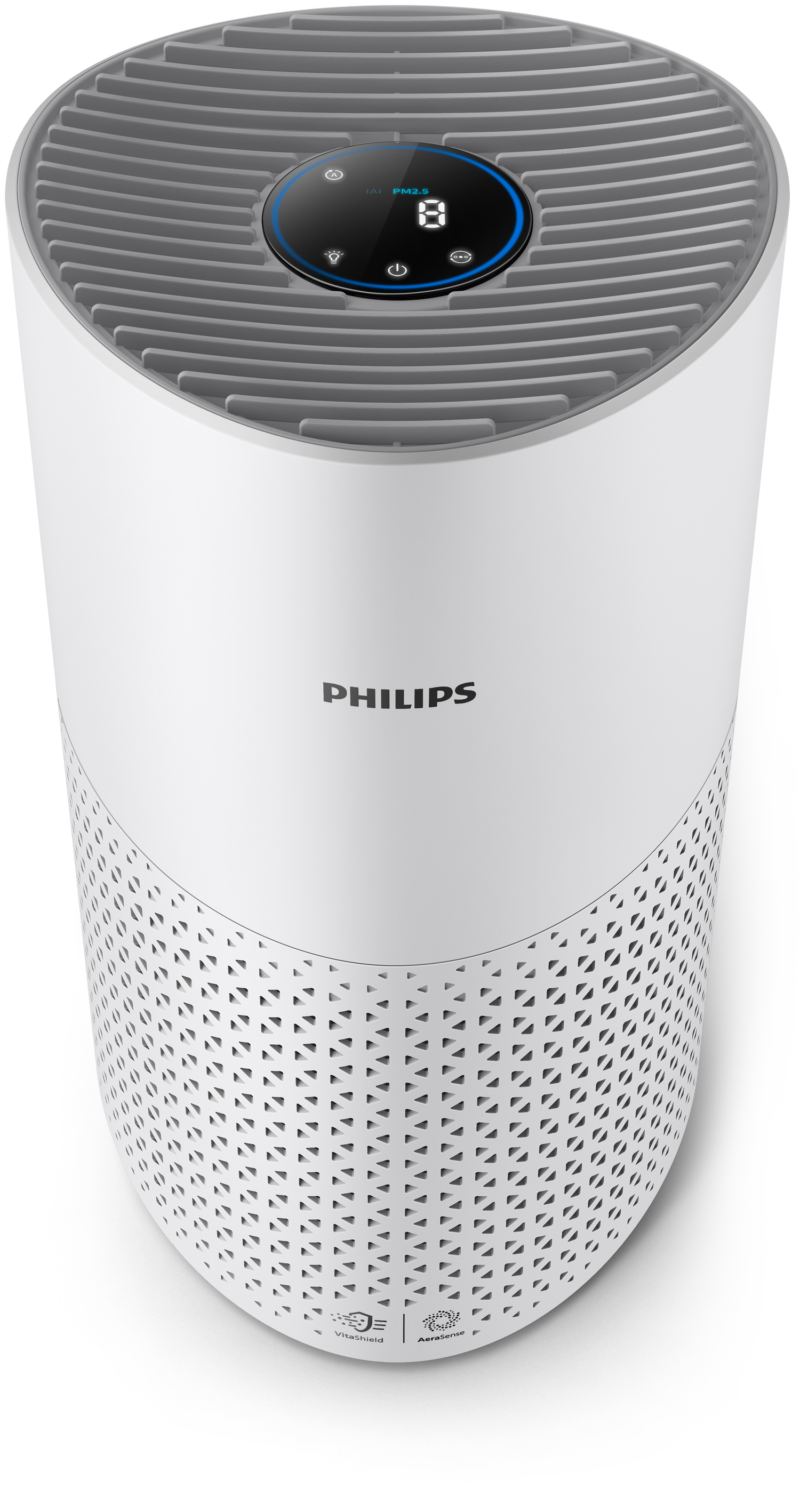 Gri üst ızgaralı ve dijital ekranlı beyaz Philips hava temizleyici. Alt kısımda desenli bir tasarım var.