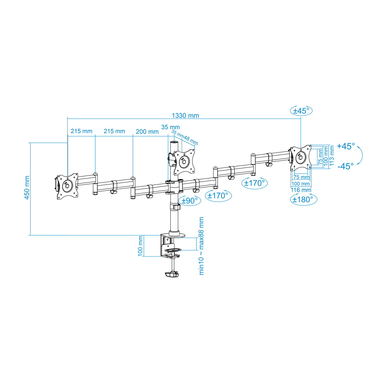 Diagramm einer Monitorhalterung mit mm-Angaben. Es hat Arme, Gelenke und eine Klemme zur Schreibtischmontage.
