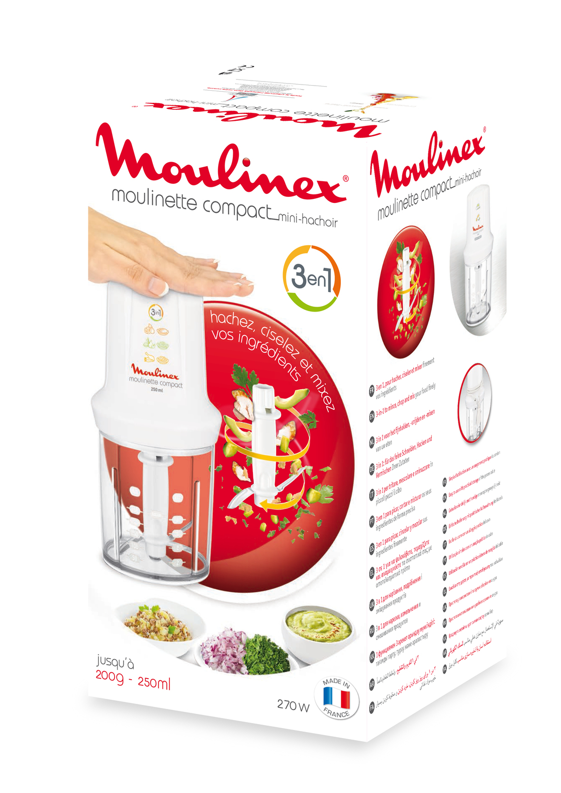 Una caja de procesador de alimentos Moulinex, con una mano sosteniendo el procesador. Muestra el procesador en acción.