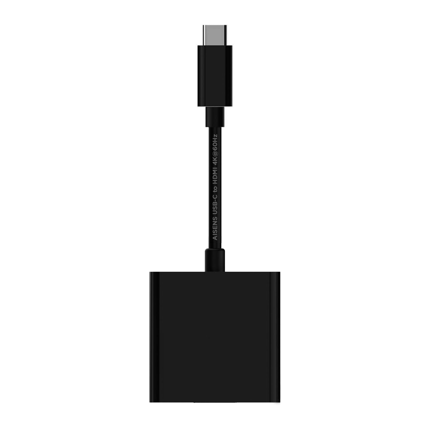 Un adaptador negro de USB-C a HDMI. El adaptador es rectangular con un cable y un conector USB-C en la parte superior.