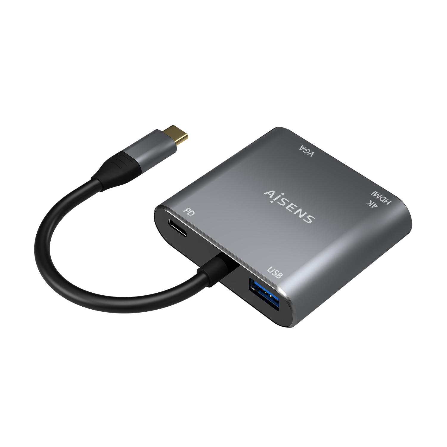 Un hub USB-C gris con múltiples puertos: VGA, HDMI, USB y PD. Tiene un cable negro conectado a un conector USB-C.