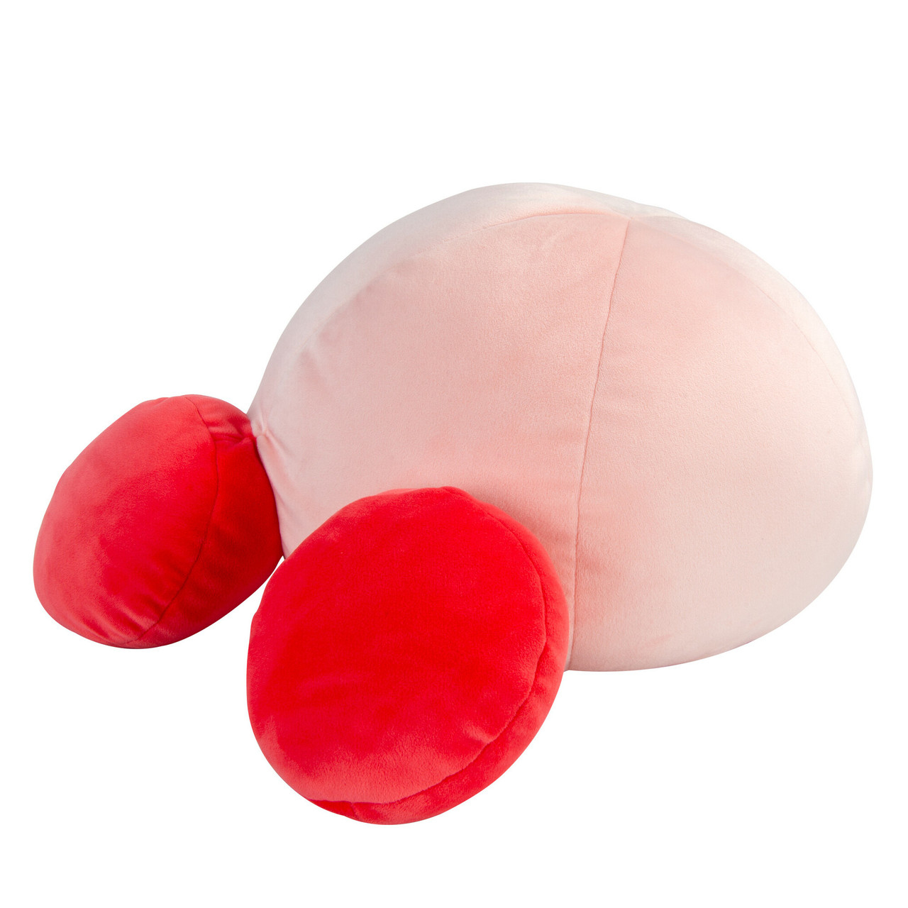 Ein Plüschtier in Form einer rosa Kugel mit zwei roten, abgerundeten Formen. Der Hintergrund ist weiß.