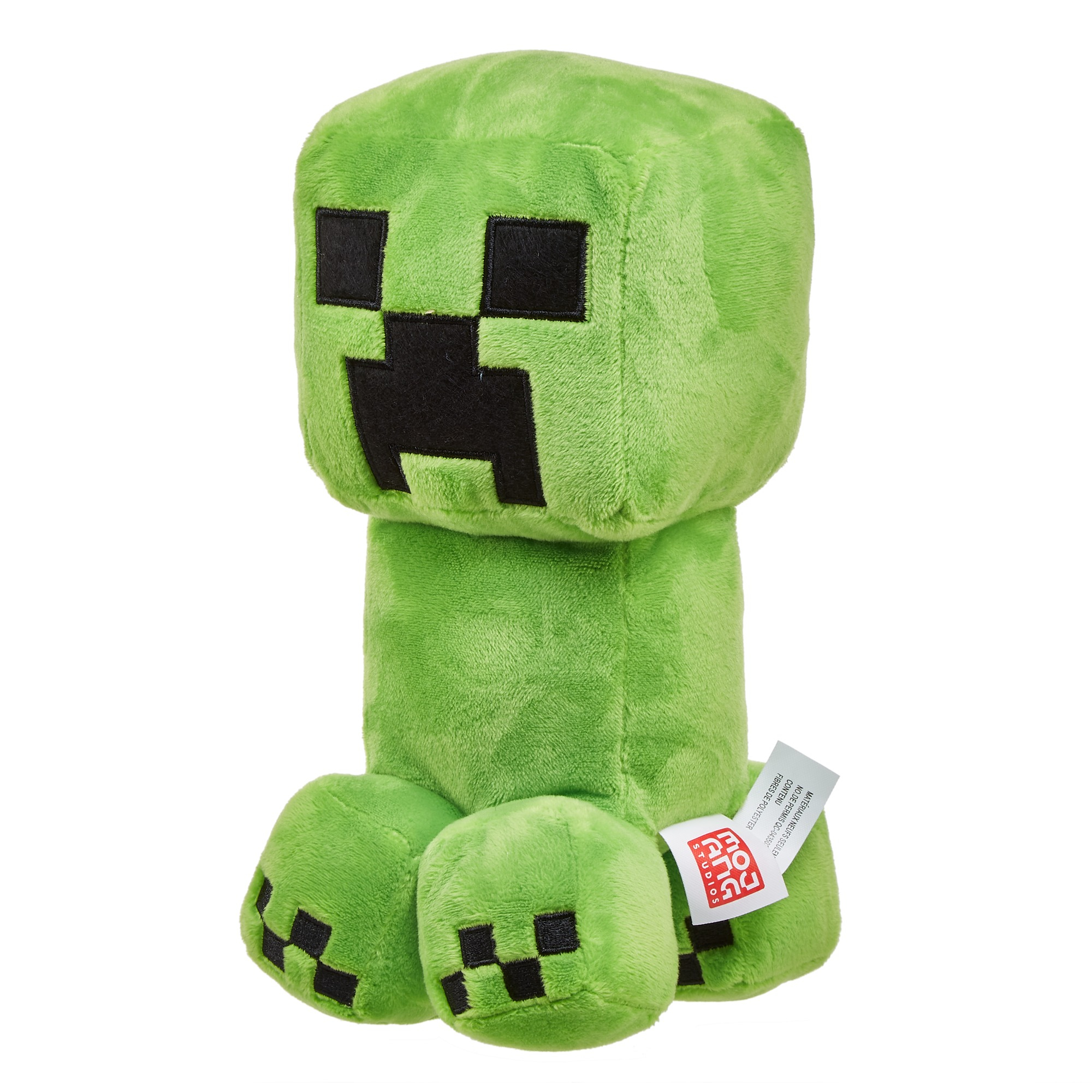 Ein grünes Creeper-Plüschtier aus Minecraft mit quadratischem Kopf und Körper, schwarzen Gesichtszügen und Füßen, auf weißem Hintergrund.