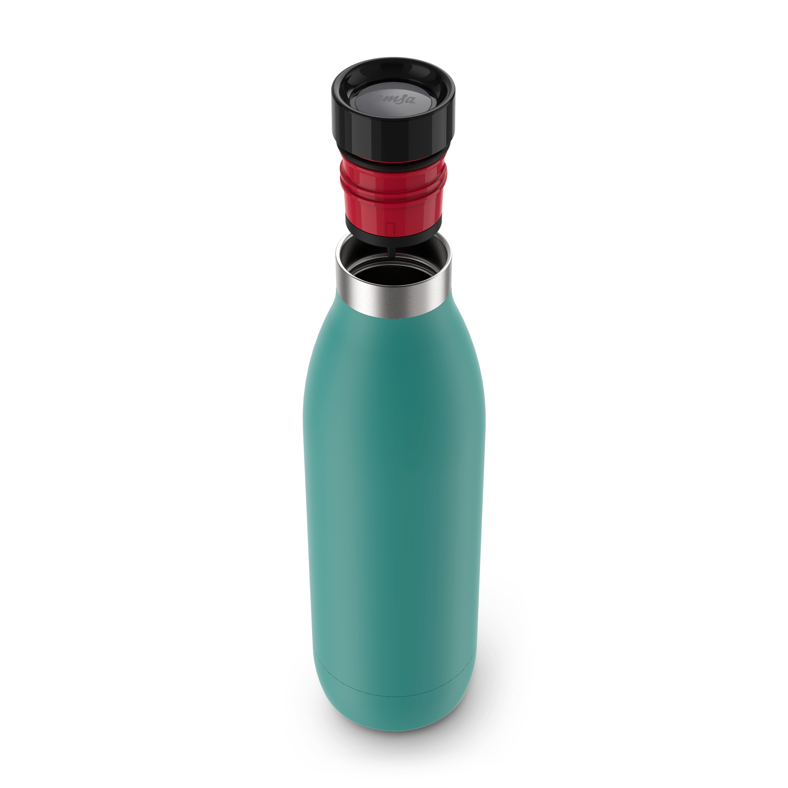 Türkis Wasserflasche mit abgenommenem schwarzen und roten Deckel. Weißer Hintergrund.