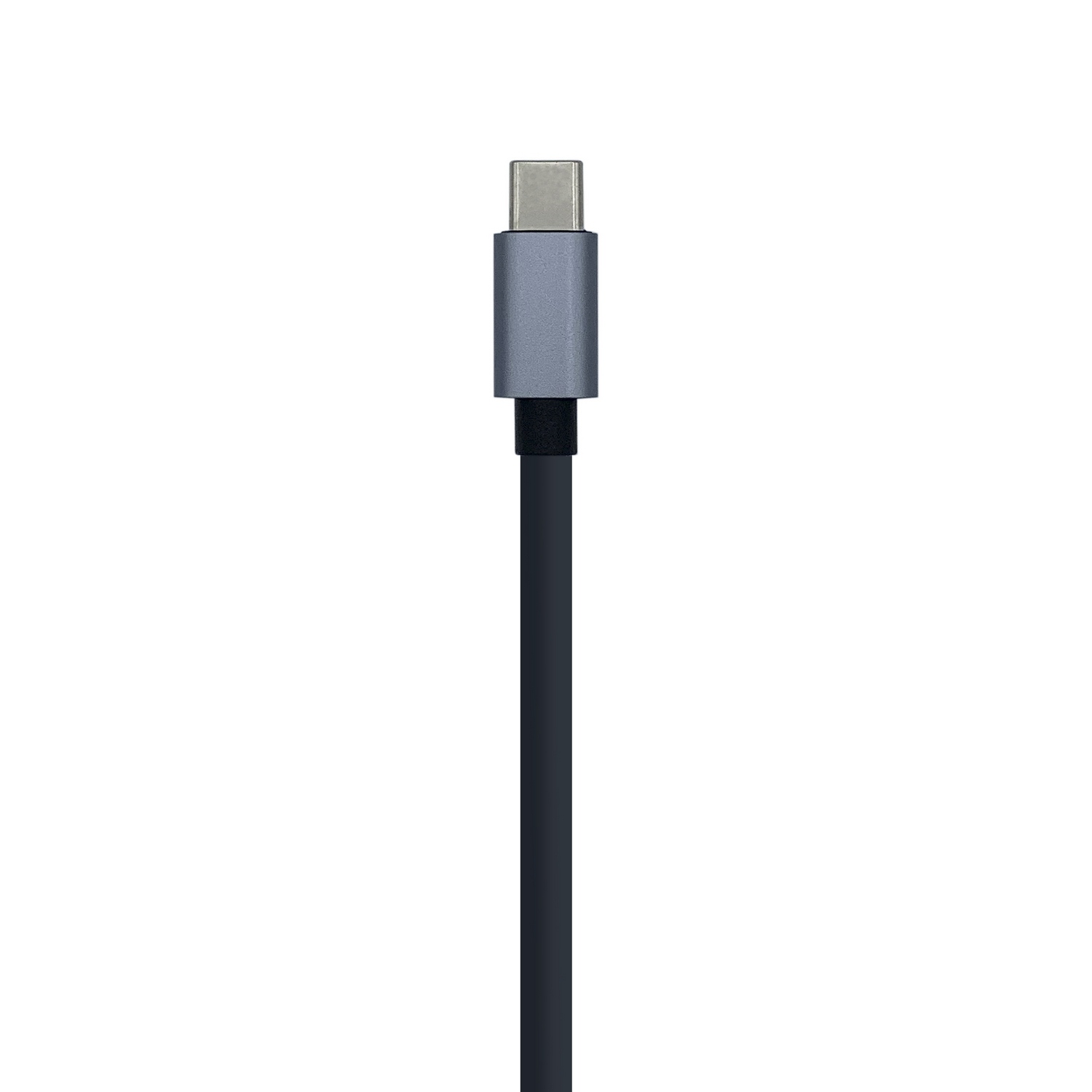 Un cable USB-C. Tiene un conector metálico, una parte media gris y un cable negro que se extiende hacia abajo, todo sobre fondo blanco.