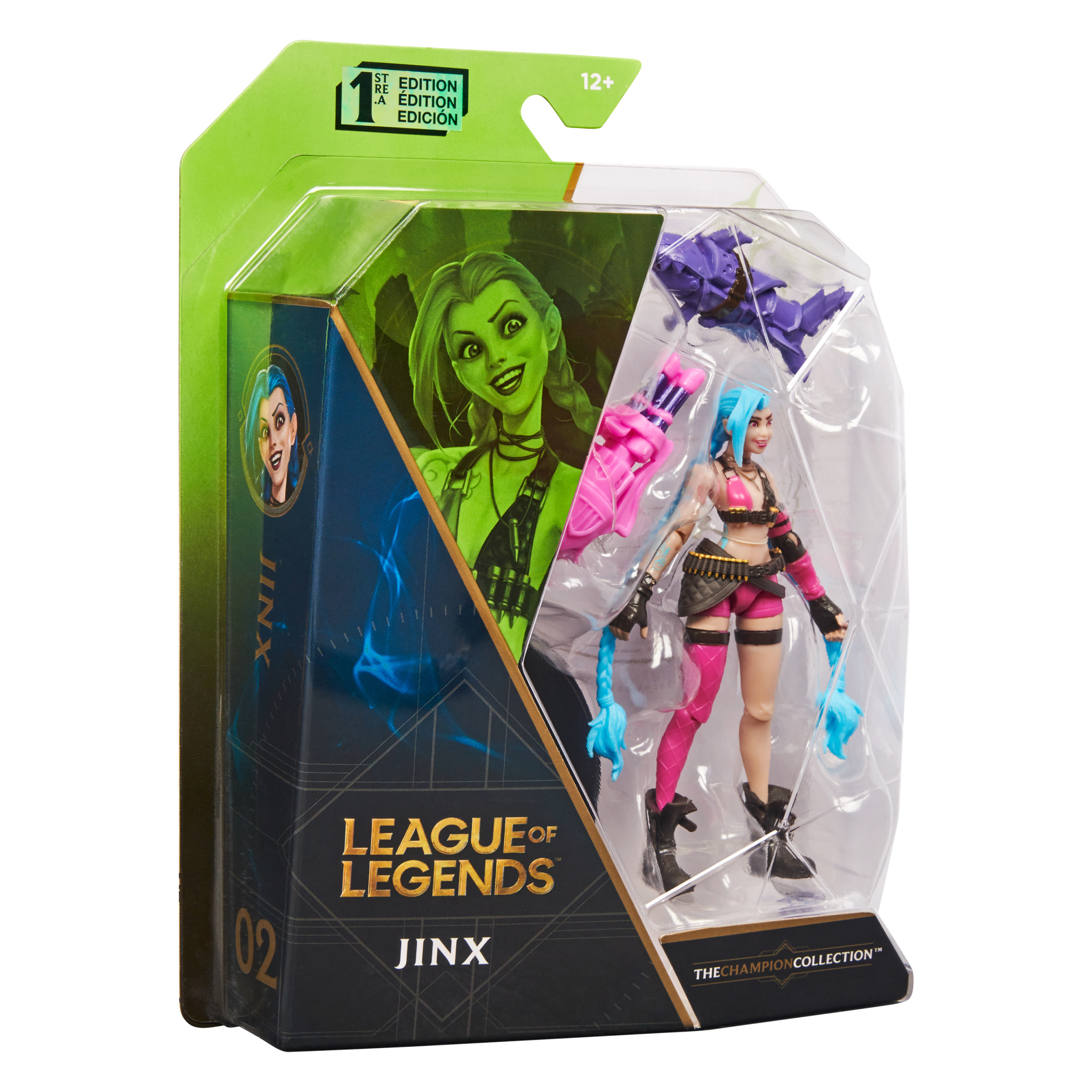 Jinx-Actionfigur in Verpackung. Die Figur ist pink und blau und hält Waffen. Die Box hat ein grünes und schwarzes Design.