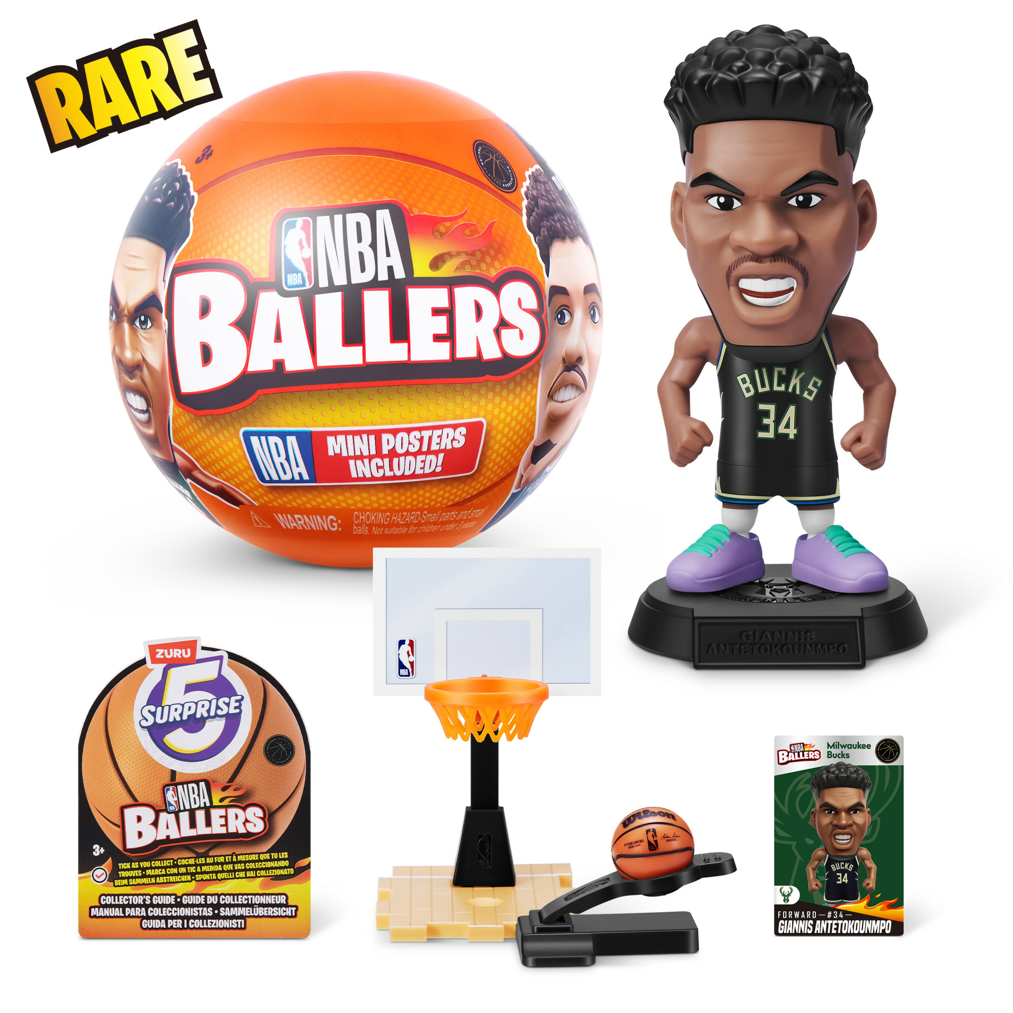 Das Bild zeigt NBA Ballers-Spielzeuge, darunter eine Basketballfigur, ein Basketball, ein Reifenset und eine Giannis Antetokounmpo-Figur.