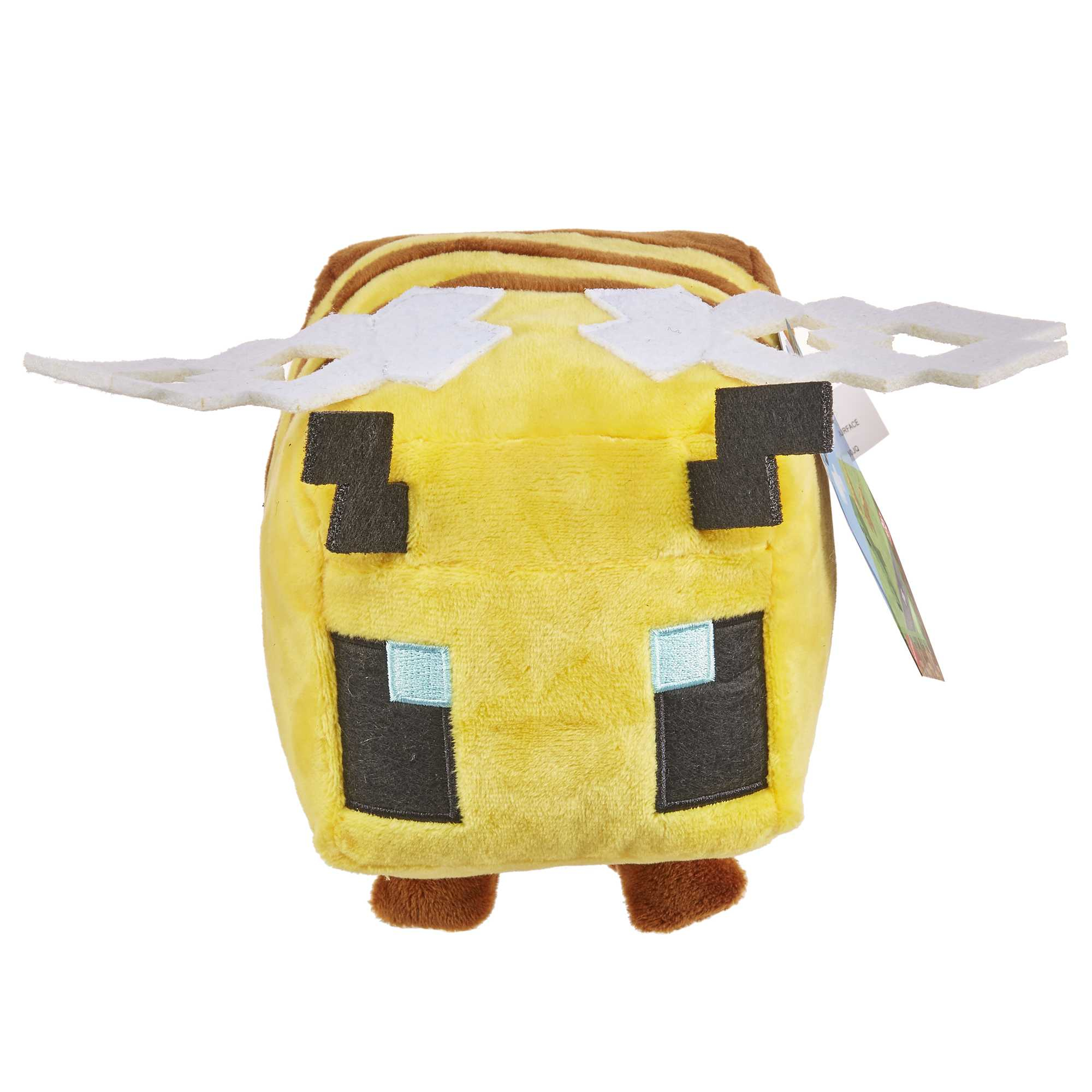 Ein gelbes Minecraft-Bienen-Plüschtier mit schwarzen Akzenten, weißen Flügeln und braunen Füßen, auf weißem Hintergrund.