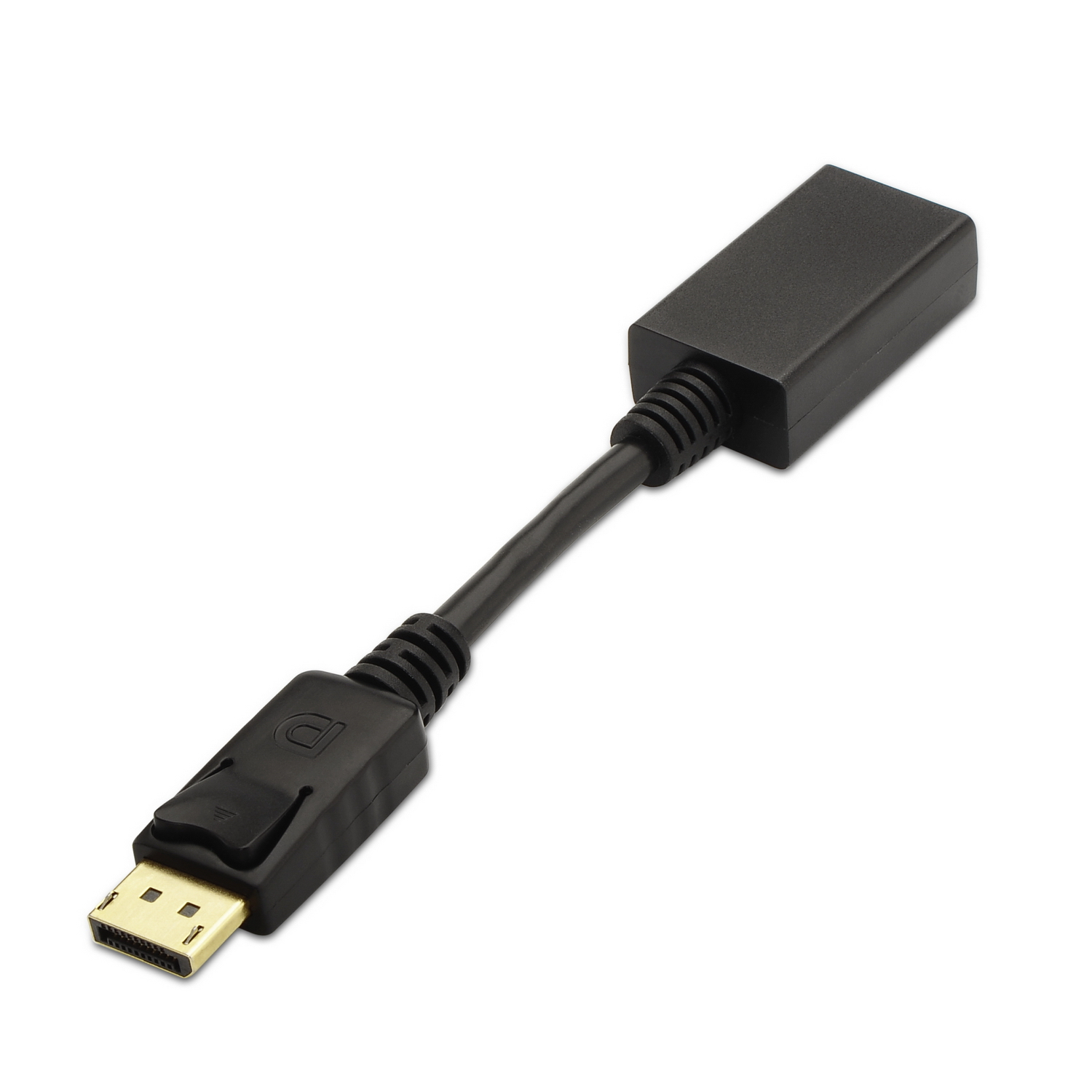 Cable DisplayPort negro con un conector rectangular en un extremo y un conector DisplayPort en el otro, sobre fondo blanco.
