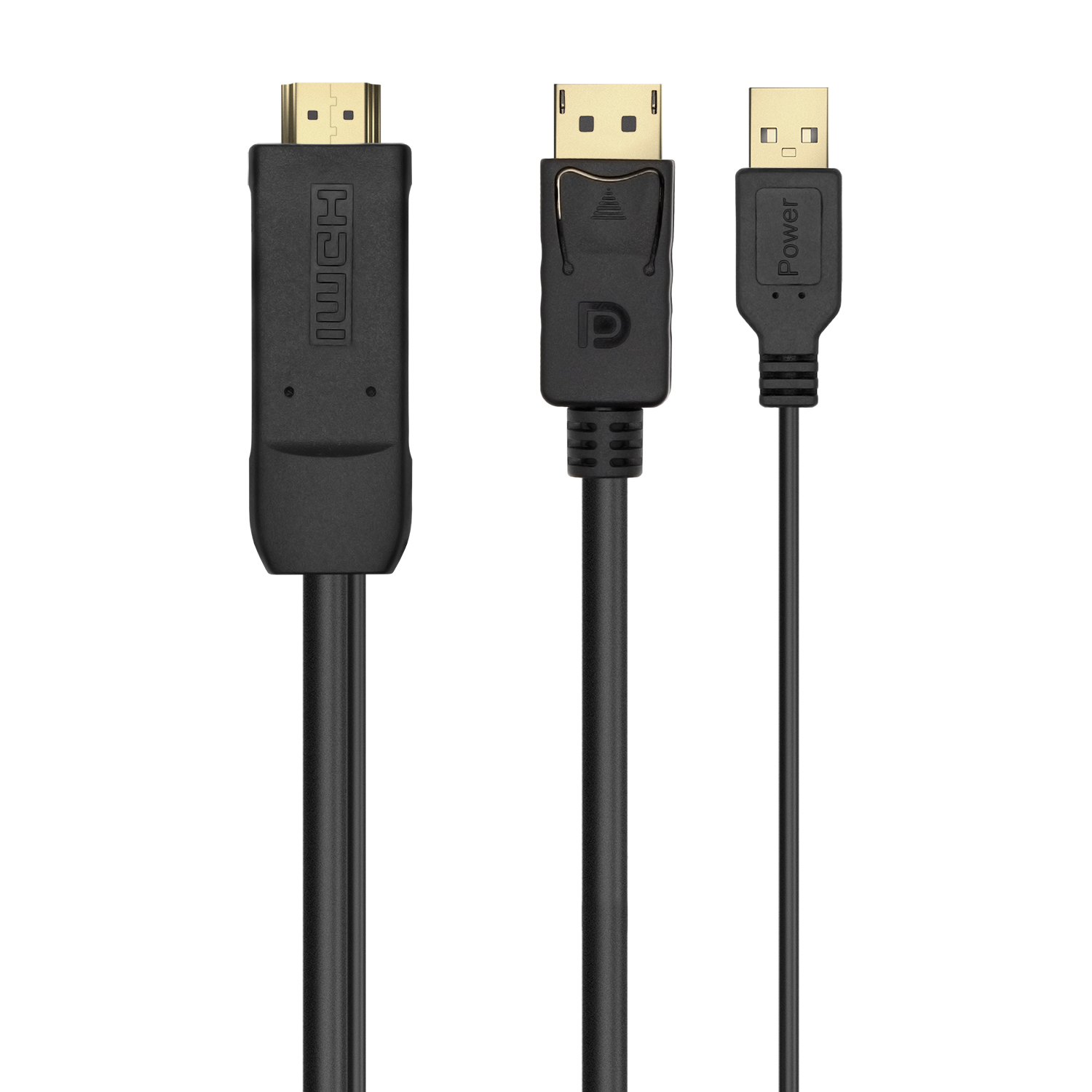 Tres cables negros con conectores dorados: HDMI, DisplayPort y USB. Están sobre un fondo blanco.