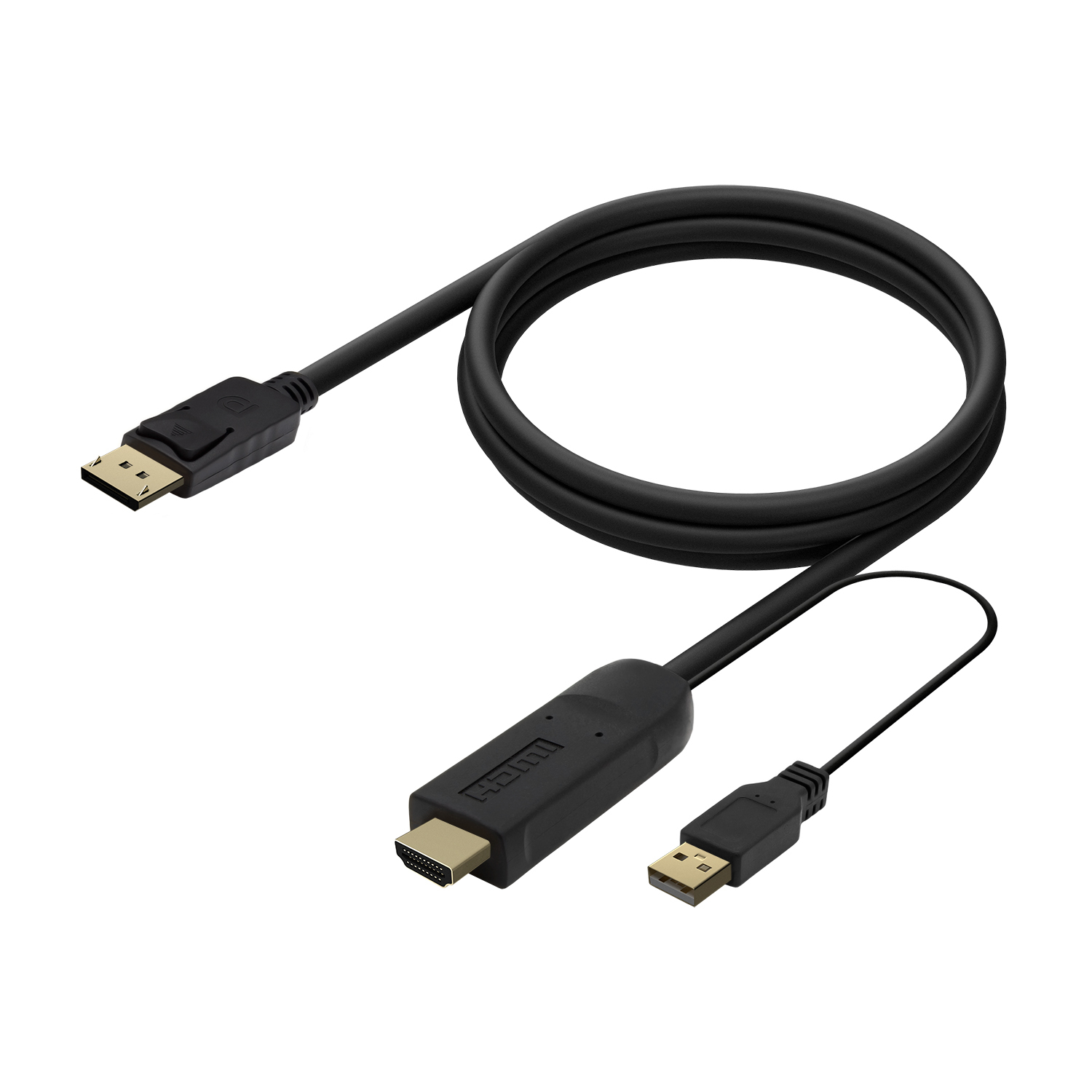 Un cable negro con conectores DisplayPort, HDMI y USB. El cable está enrollado y se extiende sobre un fondo blanco.