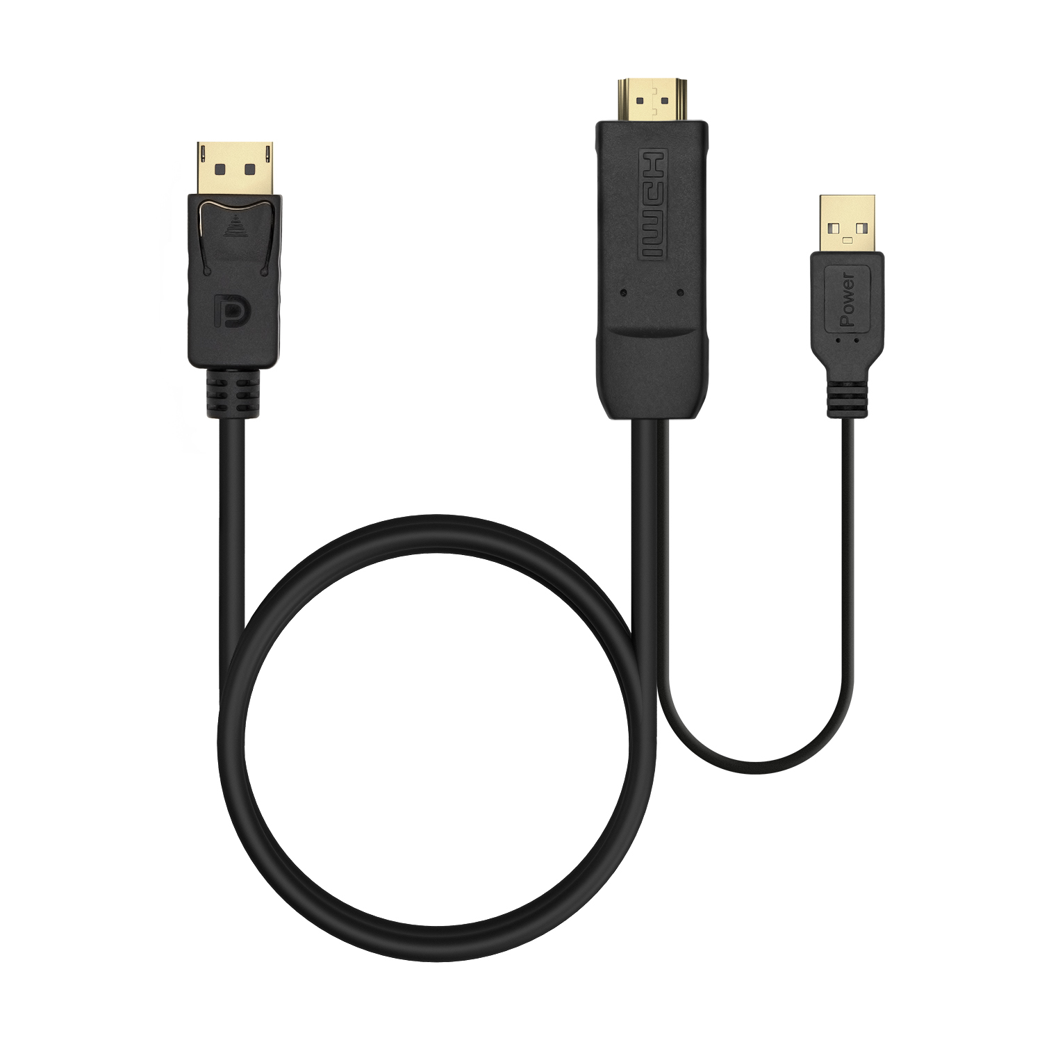 Tres cables negros con diferentes conectores: DisplayPort, HDMI y USB. Están sobre un fondo blanco.