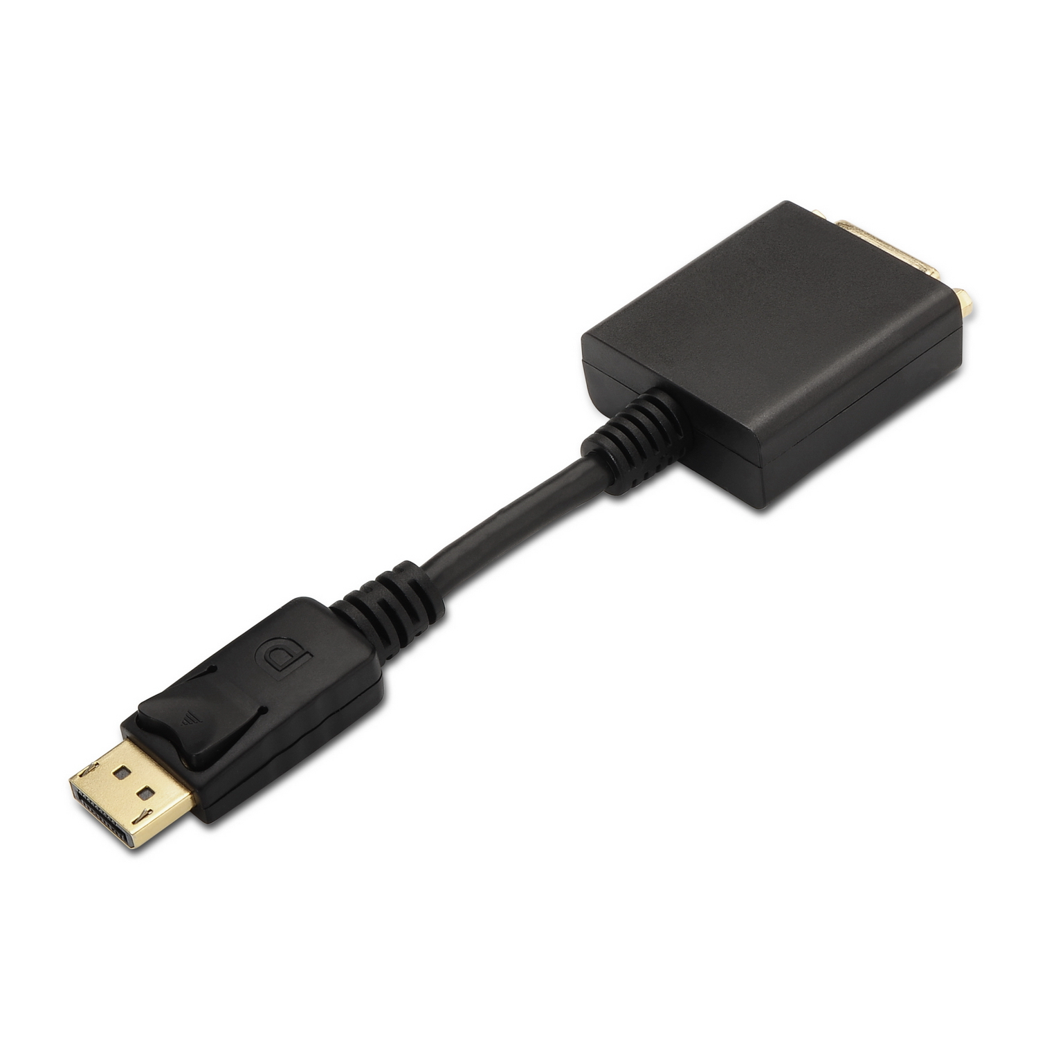 Un cable adaptador DisplayPort a DVI negro sobre una superficie blanca. El adaptador tiene cuerpo negro y conectores dorados.