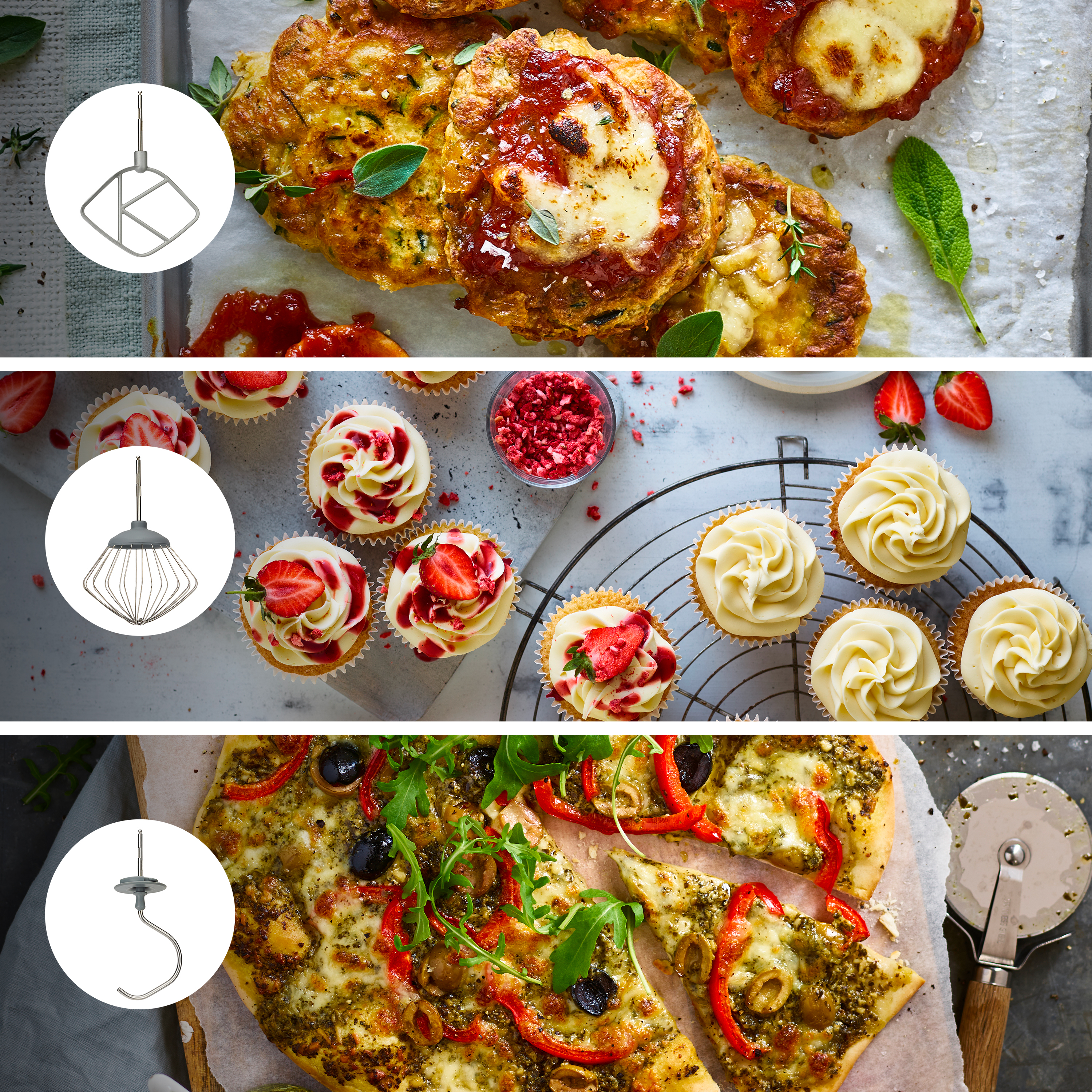 Tre sezioni di cibo: torte di zucchine con pomodoro e formaggio, cupcakes con fragole e pizza con verdure.