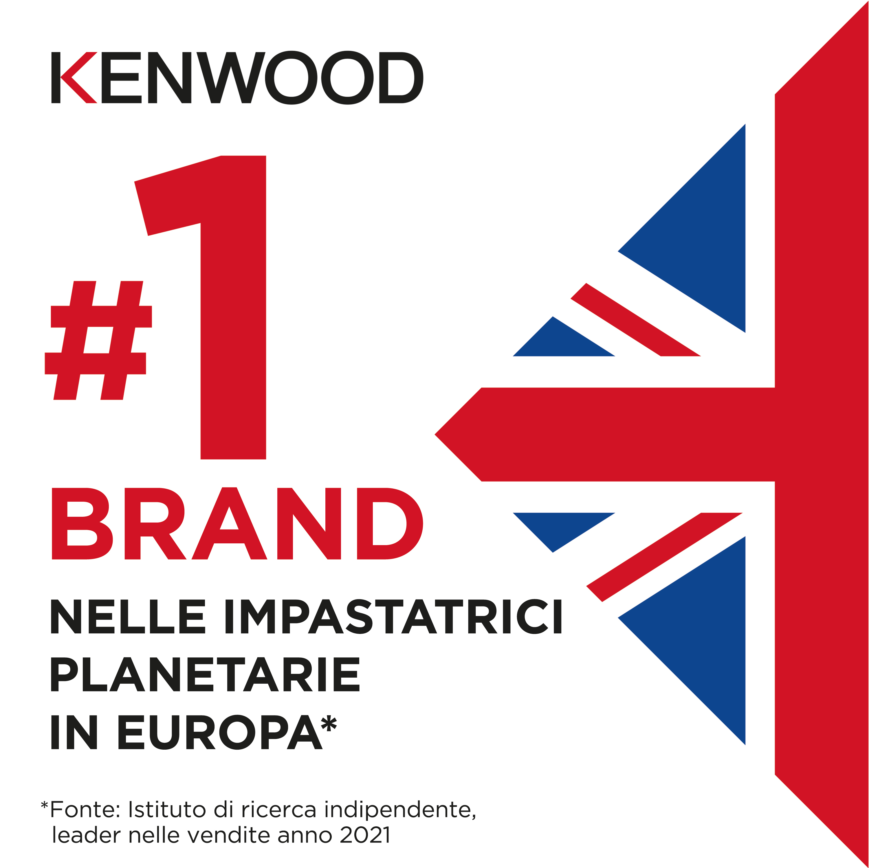 Pubblicità Kenwood con il numero uno, il marchio e la Union Jack. Il testo dice che è il marchio numero uno in Europa.