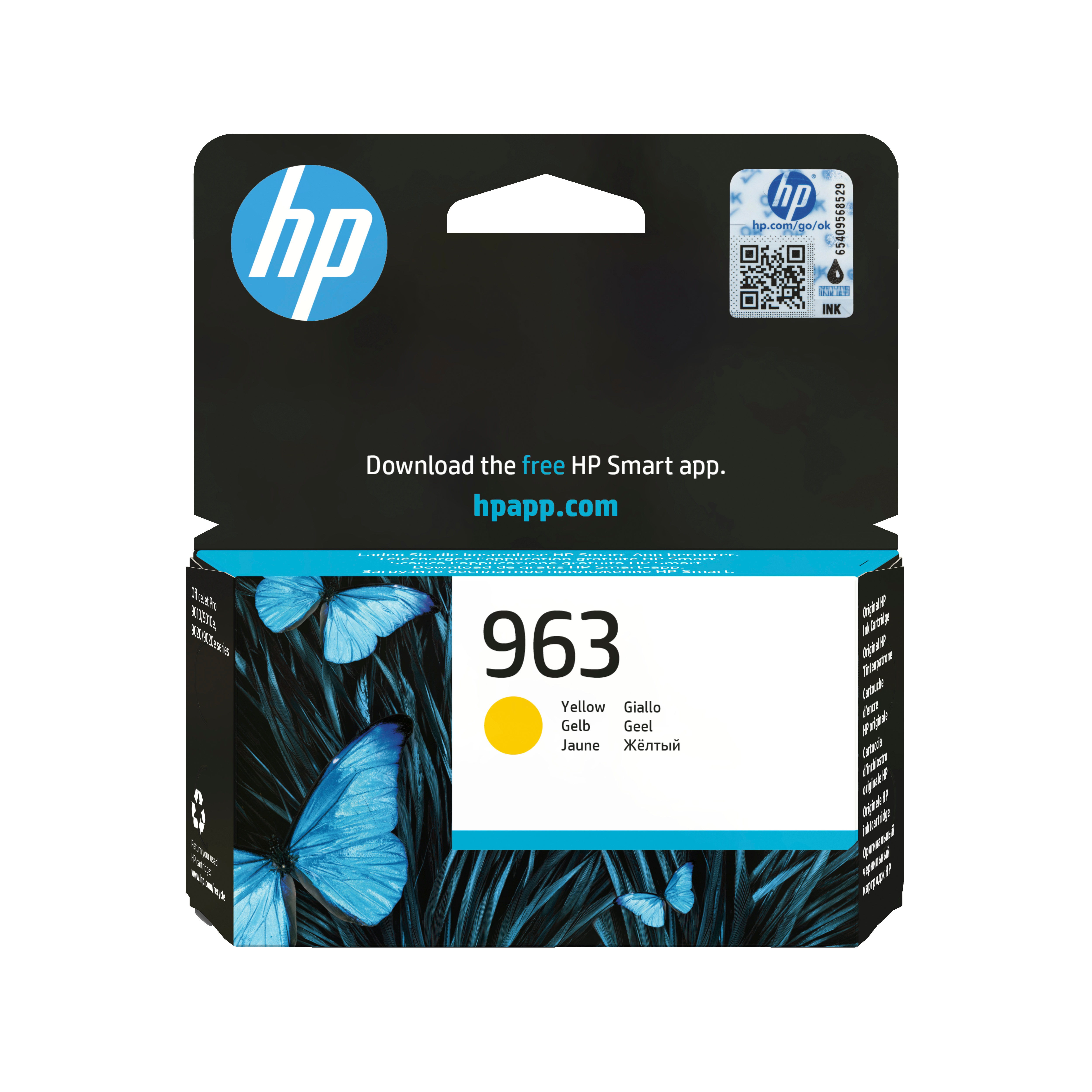 Bir kelebek tasarımlı, 963 numaralı ve sarı kelimeli bir HP mürekkep kartuşu kutusu.
