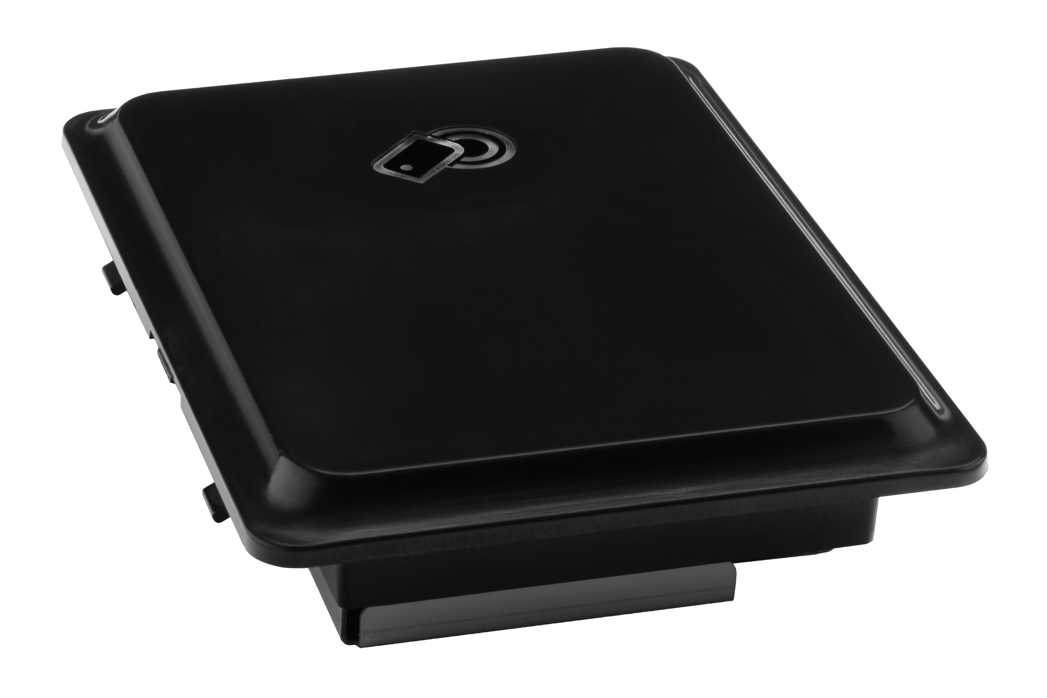 Czarny plastikowy przełącznik czytnika kart. Ma symbol karty na górze, o prostokątnym kształcie i jest izolowany.