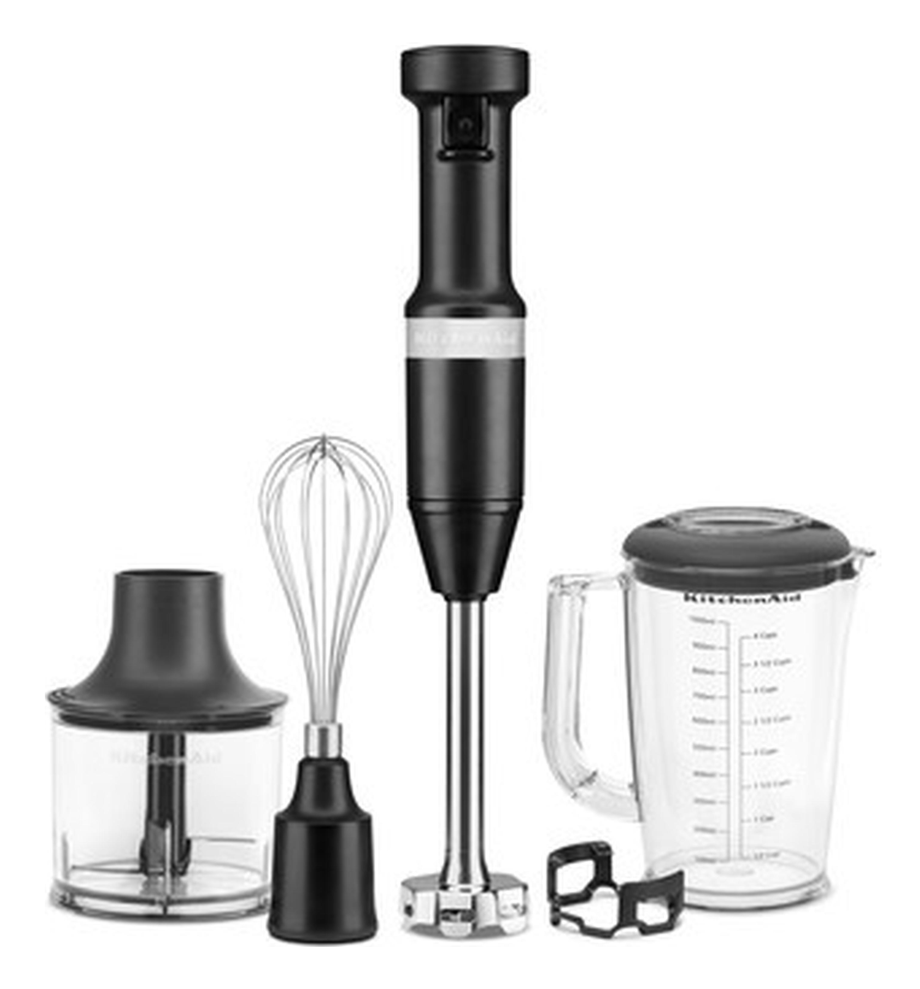 A KitchenAid immersion blender with attachments: chopper, whisk, and measuring beaker, all in black and transparent.