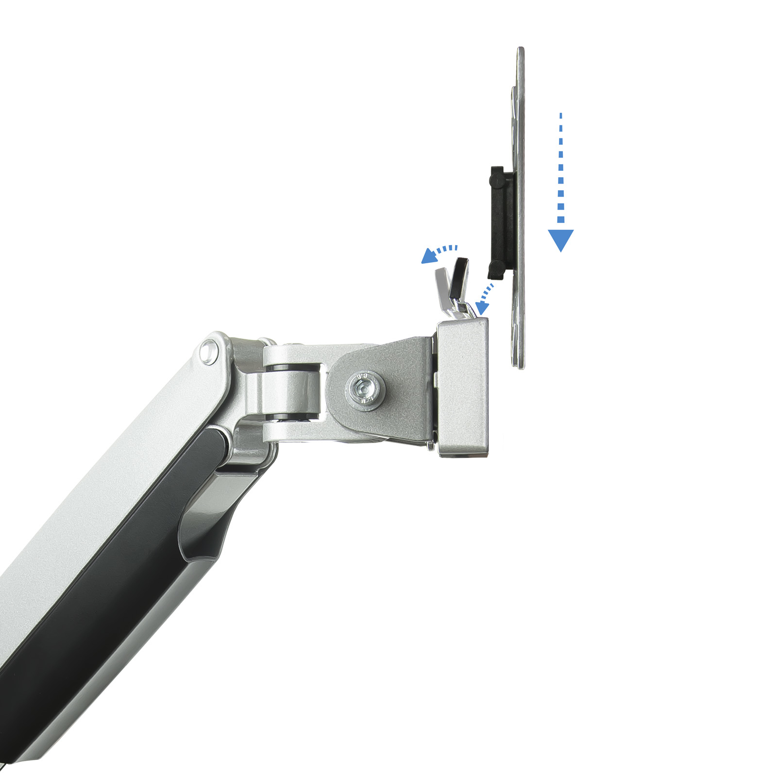 Se muestra un brazo de monitor plateado y negro, con una placa de montaje de pantalla. Flechas azules indican el proceso.