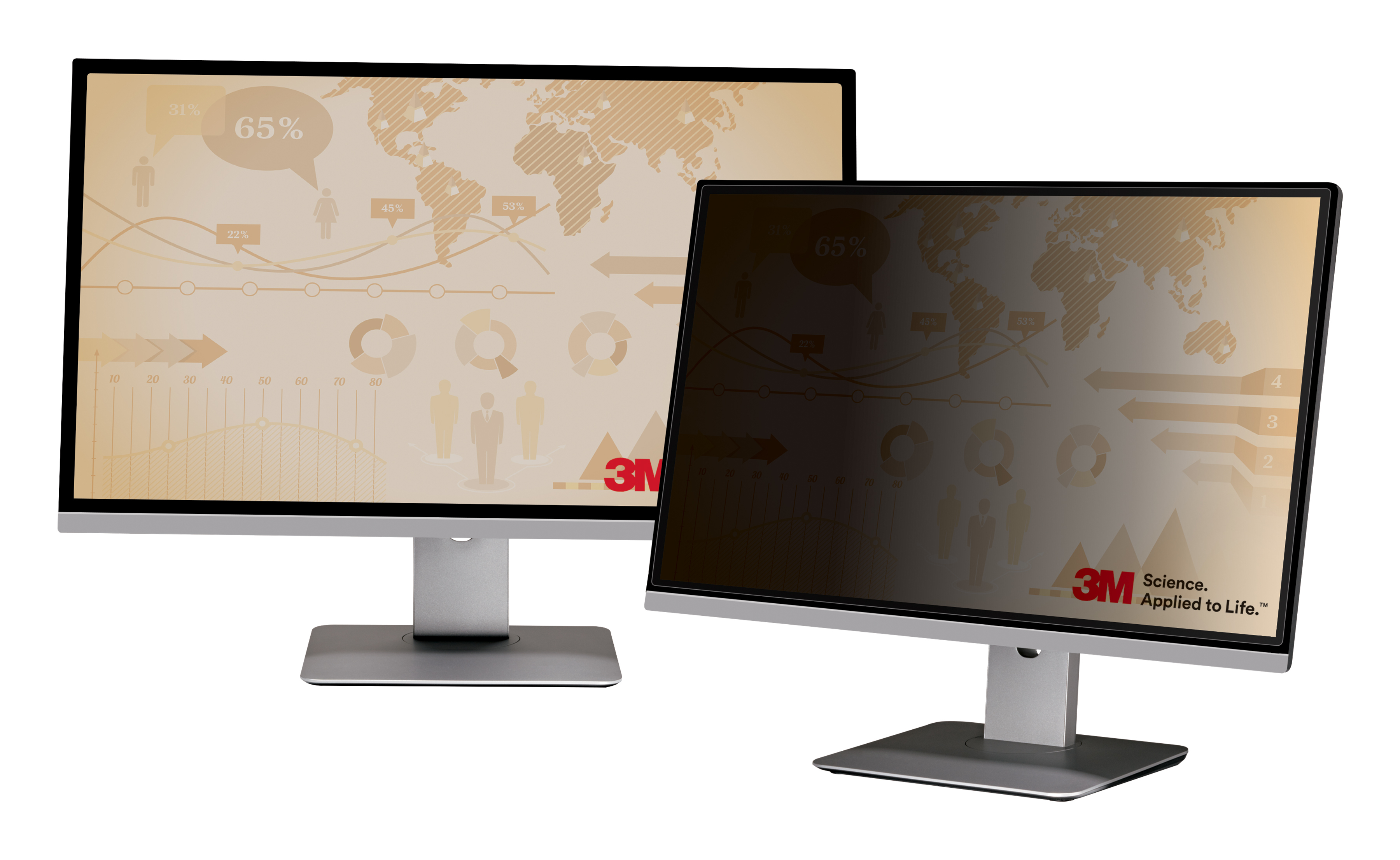 Due monitor di computer visualizzano grafici aziendali con percentuali e grafici della mappa del mondo. Uno ha un filtro privacy.
