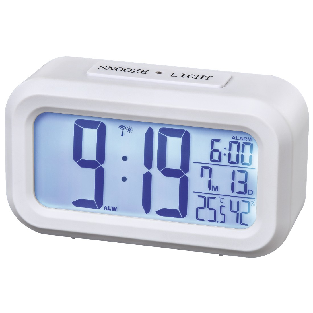 Ein weißer digitaler Wecker zeigt 9:19 Uhr an, mit Alarmdetails und Temperaturmesswerten. Schlummer- und Lichttasten sind sichtbar.