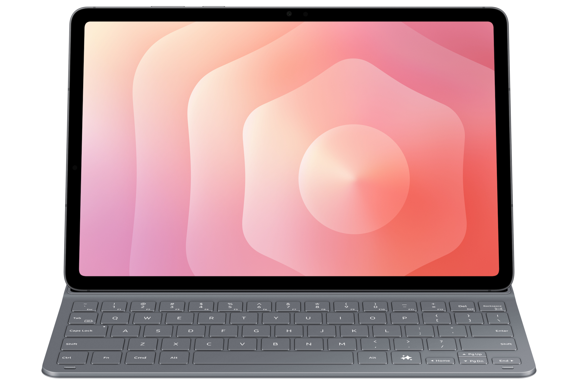 Un tablet con tastiera. Lo schermo mostra un design astratto rosa e arancione. La tastiera è grigia con lettere e simboli bianchi.