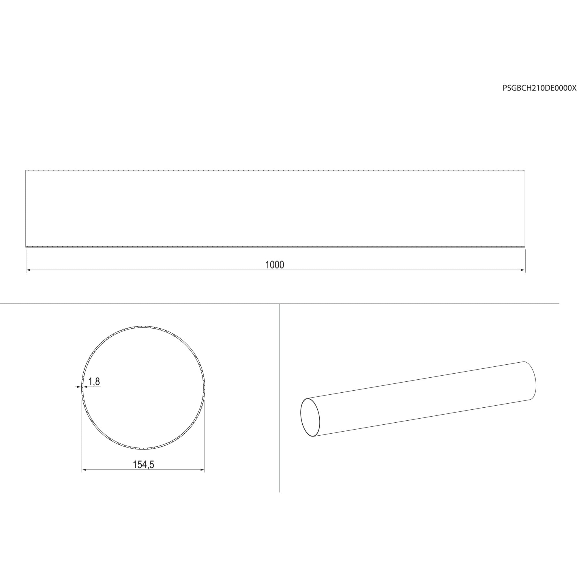 Dibujo técnico de un tubo metálico. Muestra una vista lateral, una sección transversal y una vista 3D con medidas.