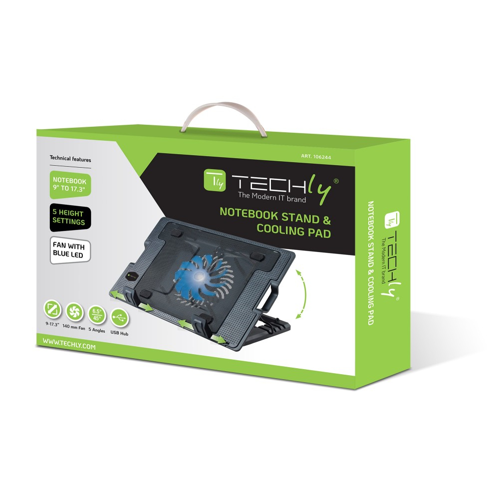 Eine grüne und weiße Techly-Box mit einem Laptop-Kühlpad. Es verfügt über einen Lüfter, Höheneinstellungen und einen USB-Hub.