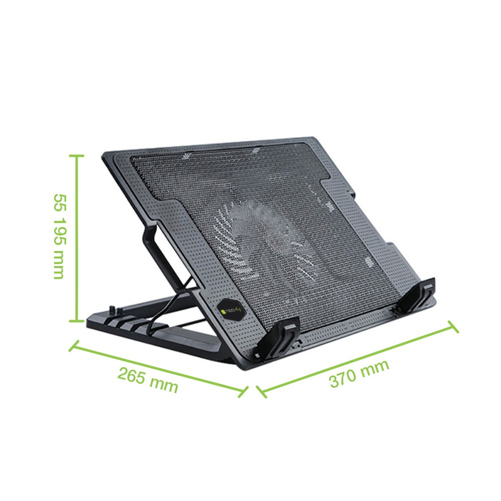 Schwarzes Laptop-Kühlpad mit grün beschrifteten Abmessungen. Es hat eine Mesh-Oberfläche und einen Lüfter.