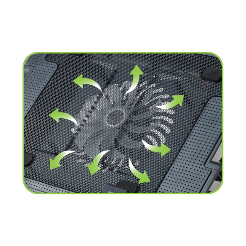 Nahaufnahme eines Laptop-Kühlpads. Ein Gitter bedeckt den Ventilator. Grüne Pfeile zeigen die Luftstromrichtung an.