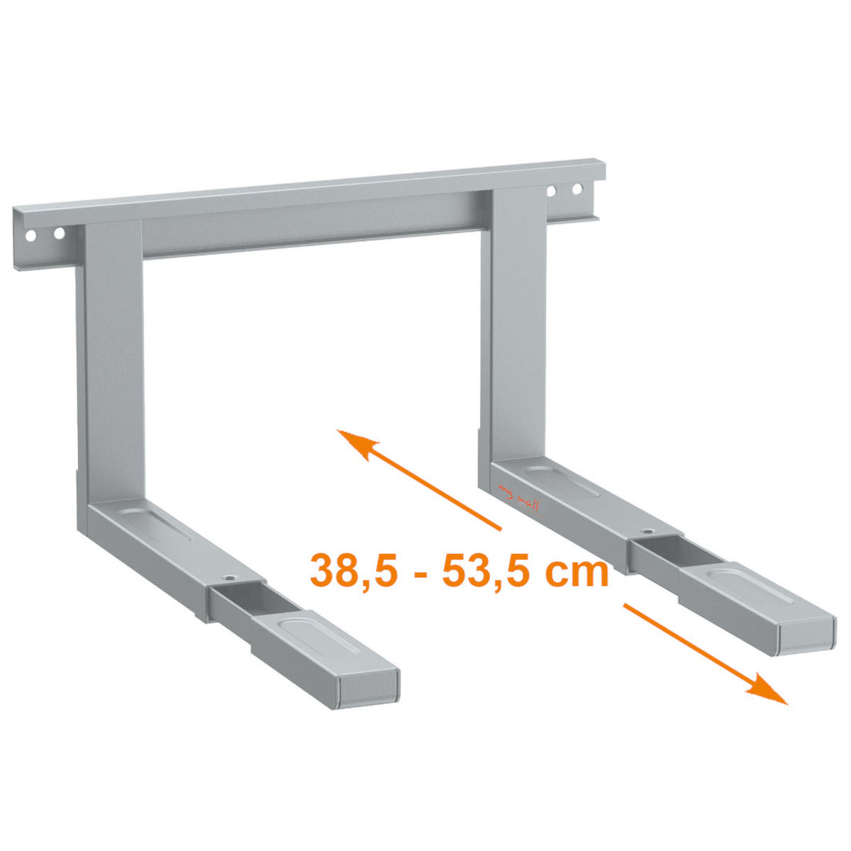 Metallhalterung, möglicherweise für eine Mikrowelle. Pfeile zeigen auf die einstellbare Länge der Halterung: 38,5 - 53,5 cm.