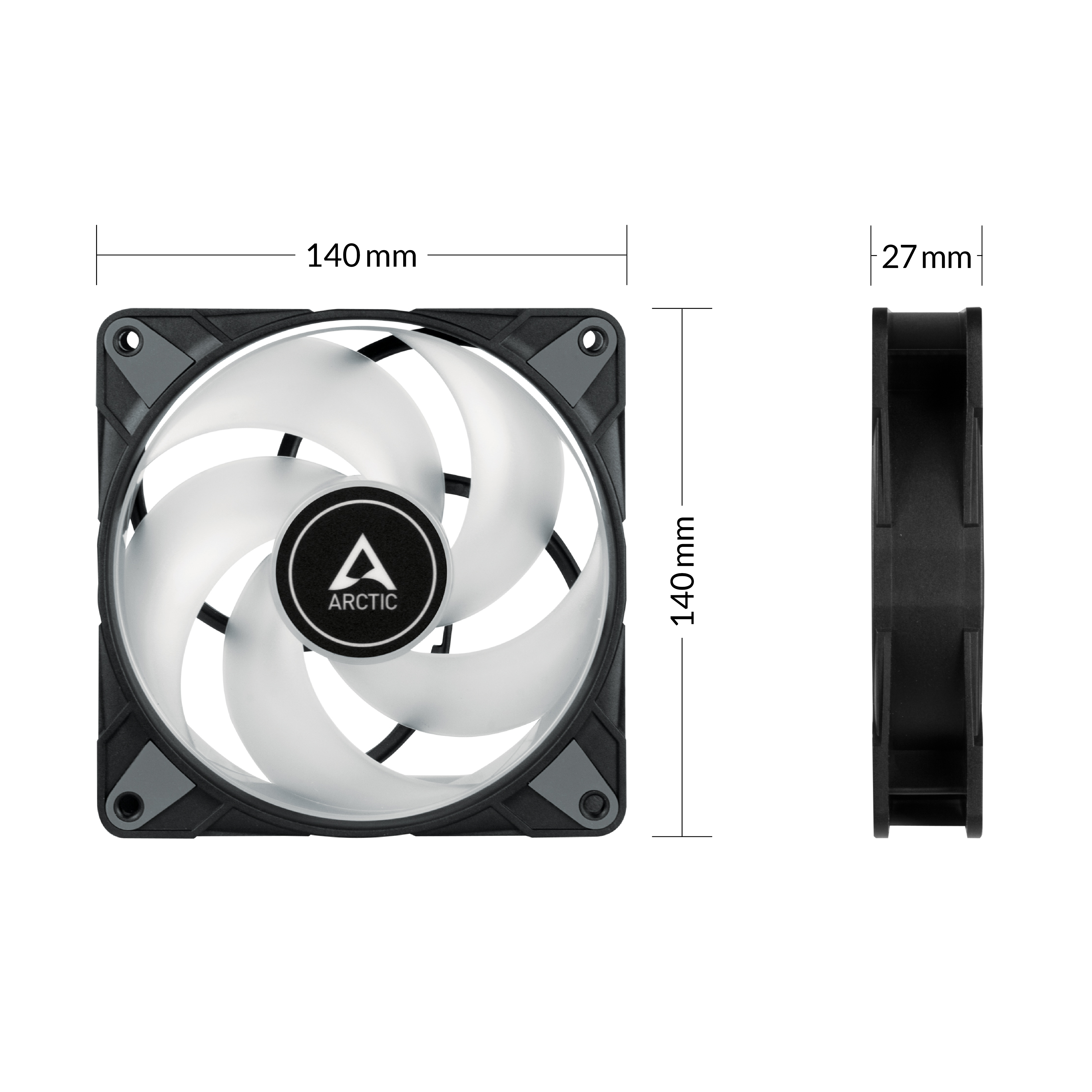 Ein Computerlüfter mit weißen Flügeln und einem schwarzen Rahmen wird angezeigt. Die Abmessungen sind 140 mm x 140 mm x 27 mm.