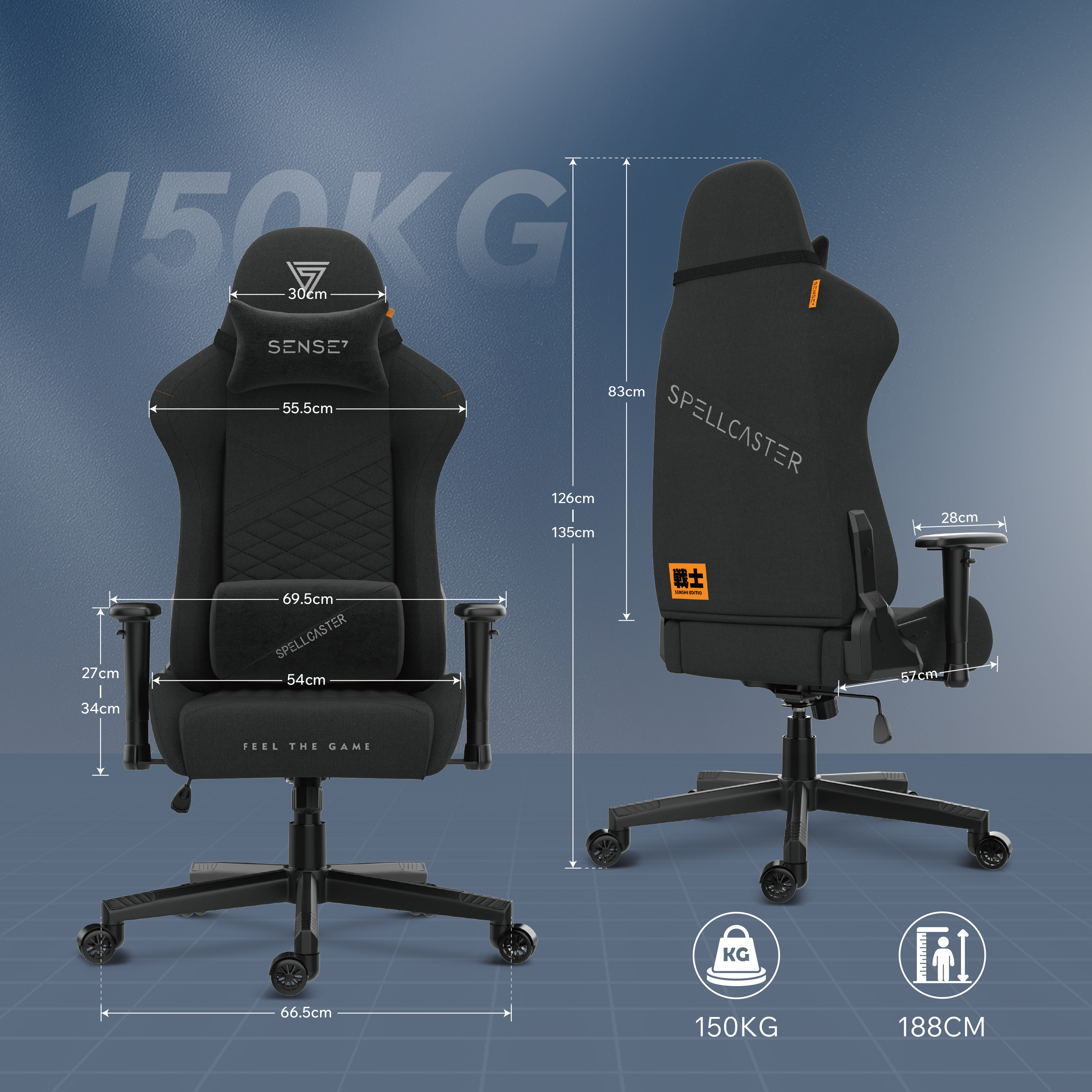 Een zwarte gaming stoel met afmetingen, inclusief hoofdsteun en armleuningen, met de tekst 'SPELLCASTER' en 'SENSE7'.