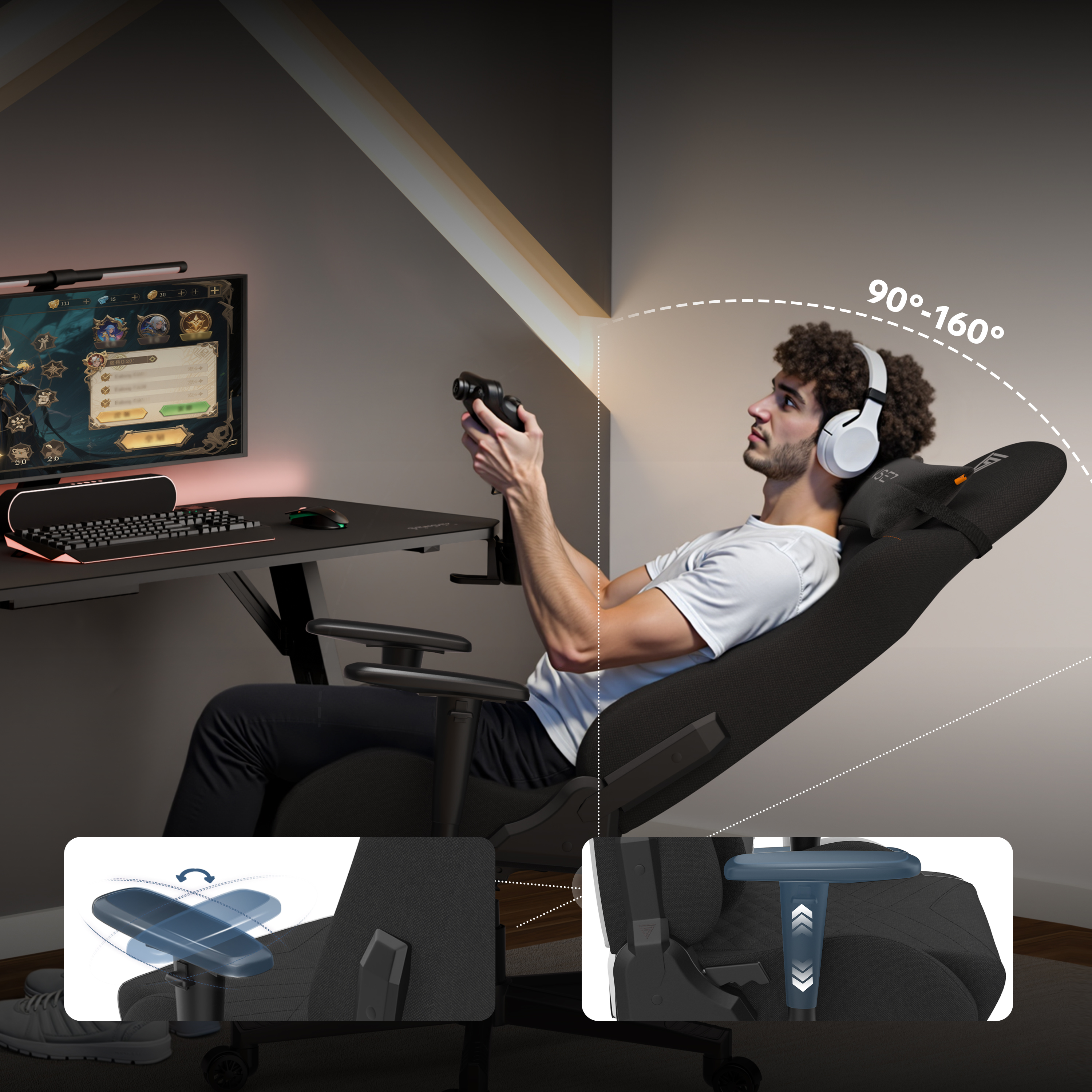 Een man in een gamingstoel speelt een game op een monitor. De stoel heeft verstelbare functies en een hoofdsteun.