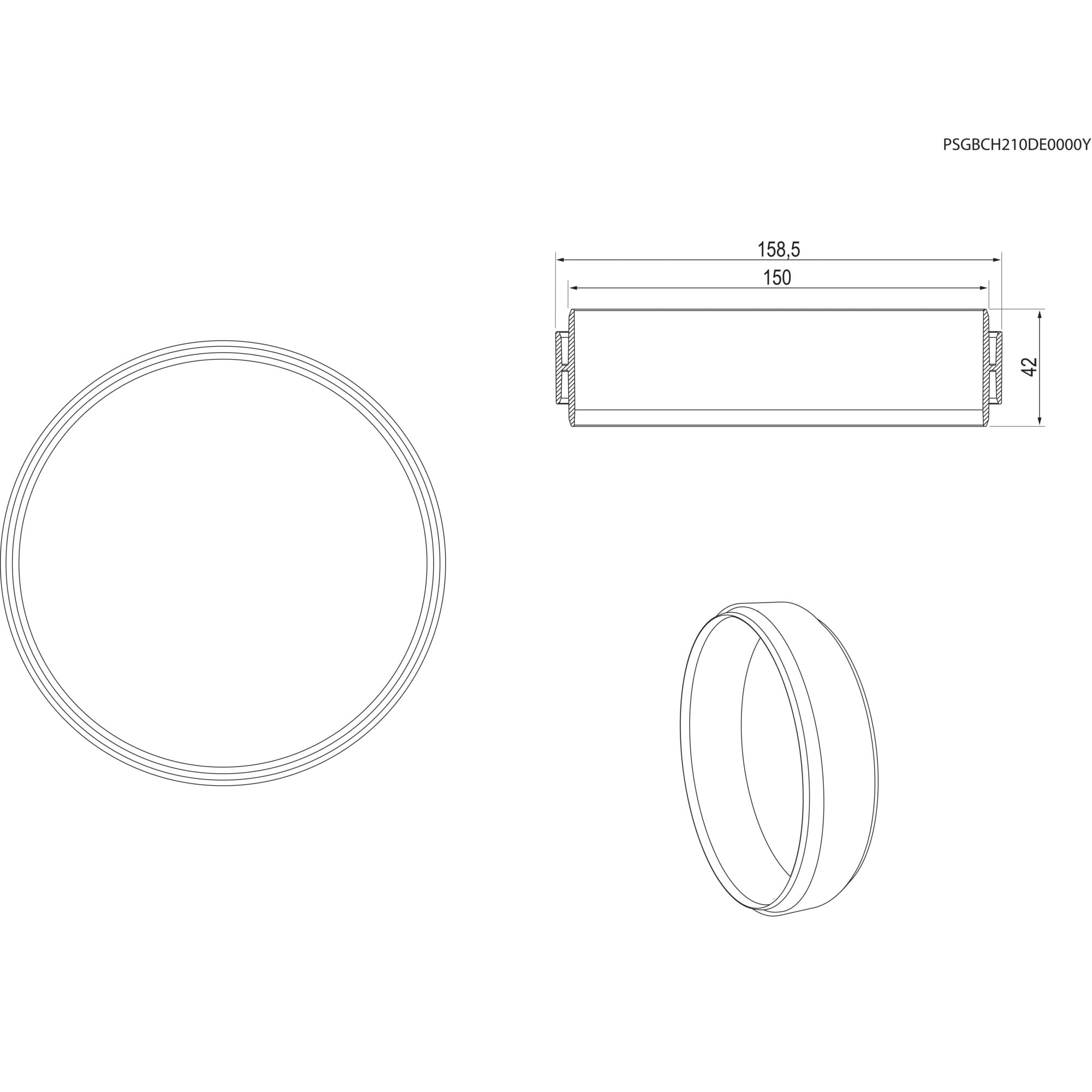 Dibujo técnico de un objeto cilíndrico con dimensiones etiquetadas, junto con dos círculos parciales.