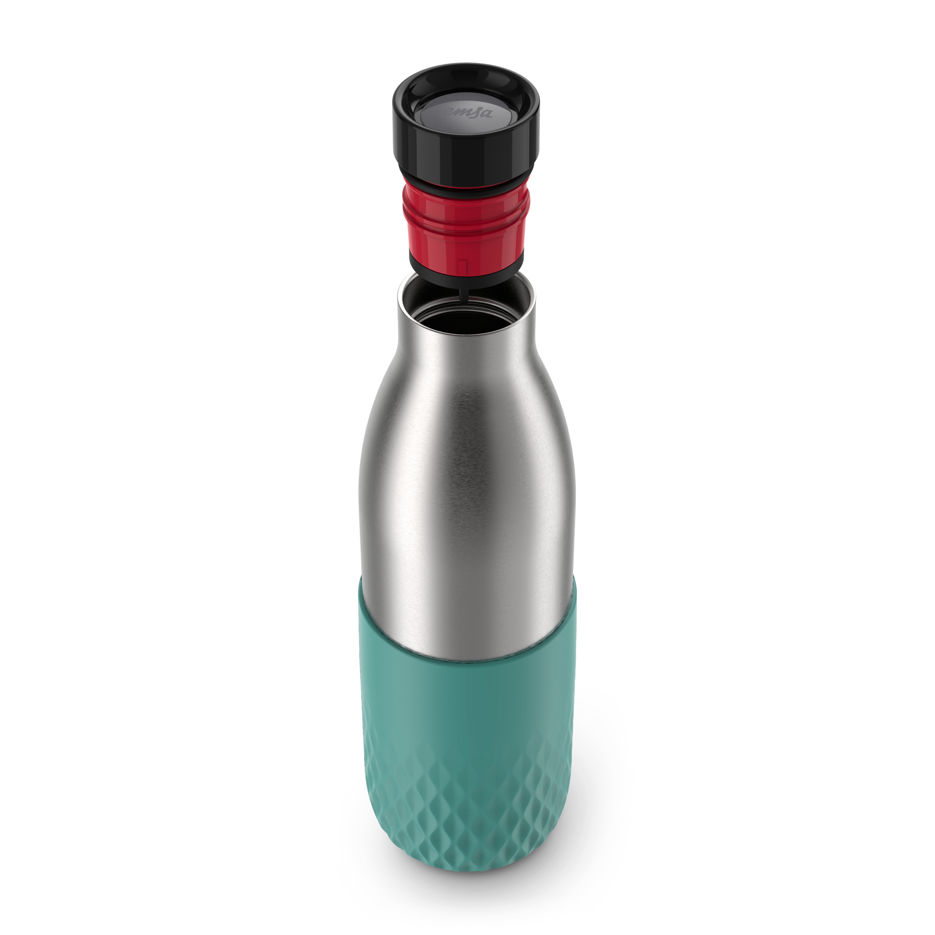 Eine Metallwasserflasche mit türkisem Boden und schwarzem und rotem Deckel, offen und abgetrennt.