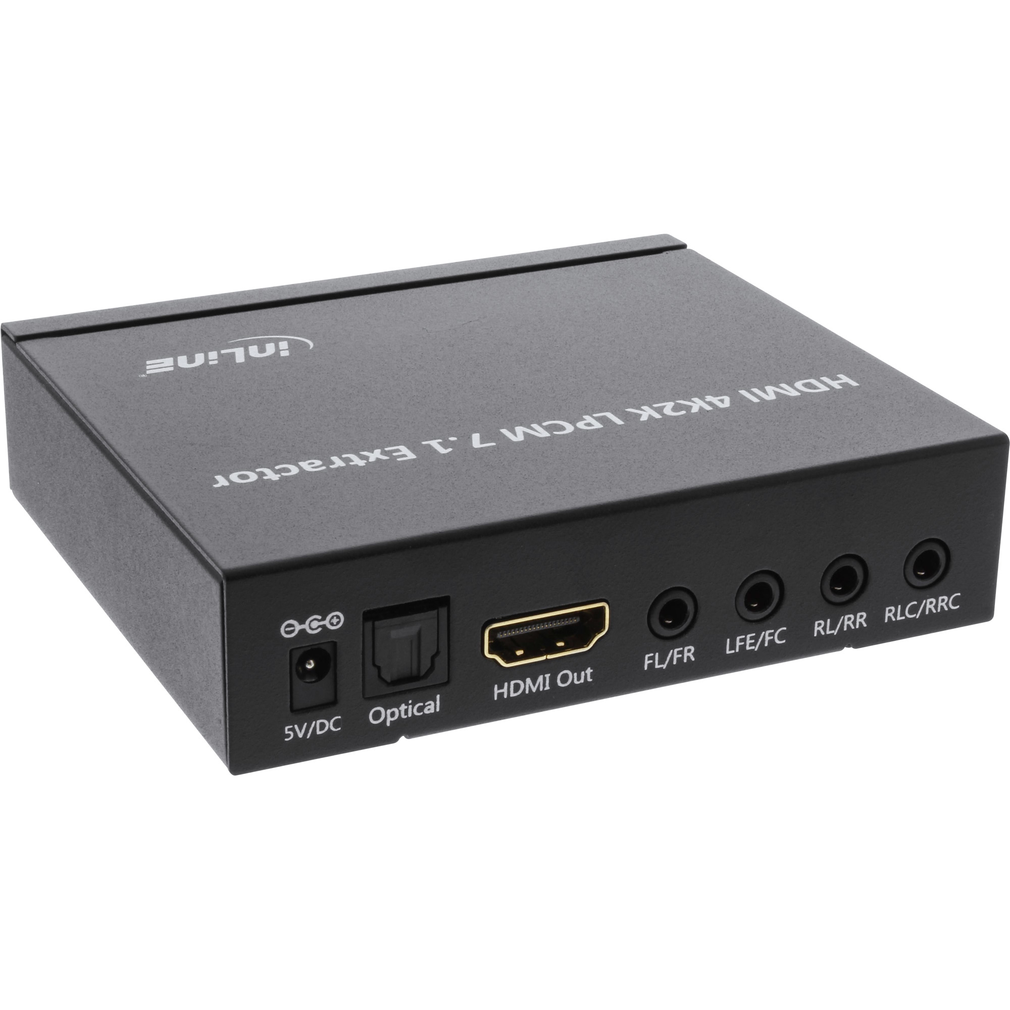 Ein schwarzer HDMI-Extractor mit verschiedenen Anschlüssen, beschriftet, darunter HDMI Out, FL/FR und RLC/RRC. Die Marke ist inLine.