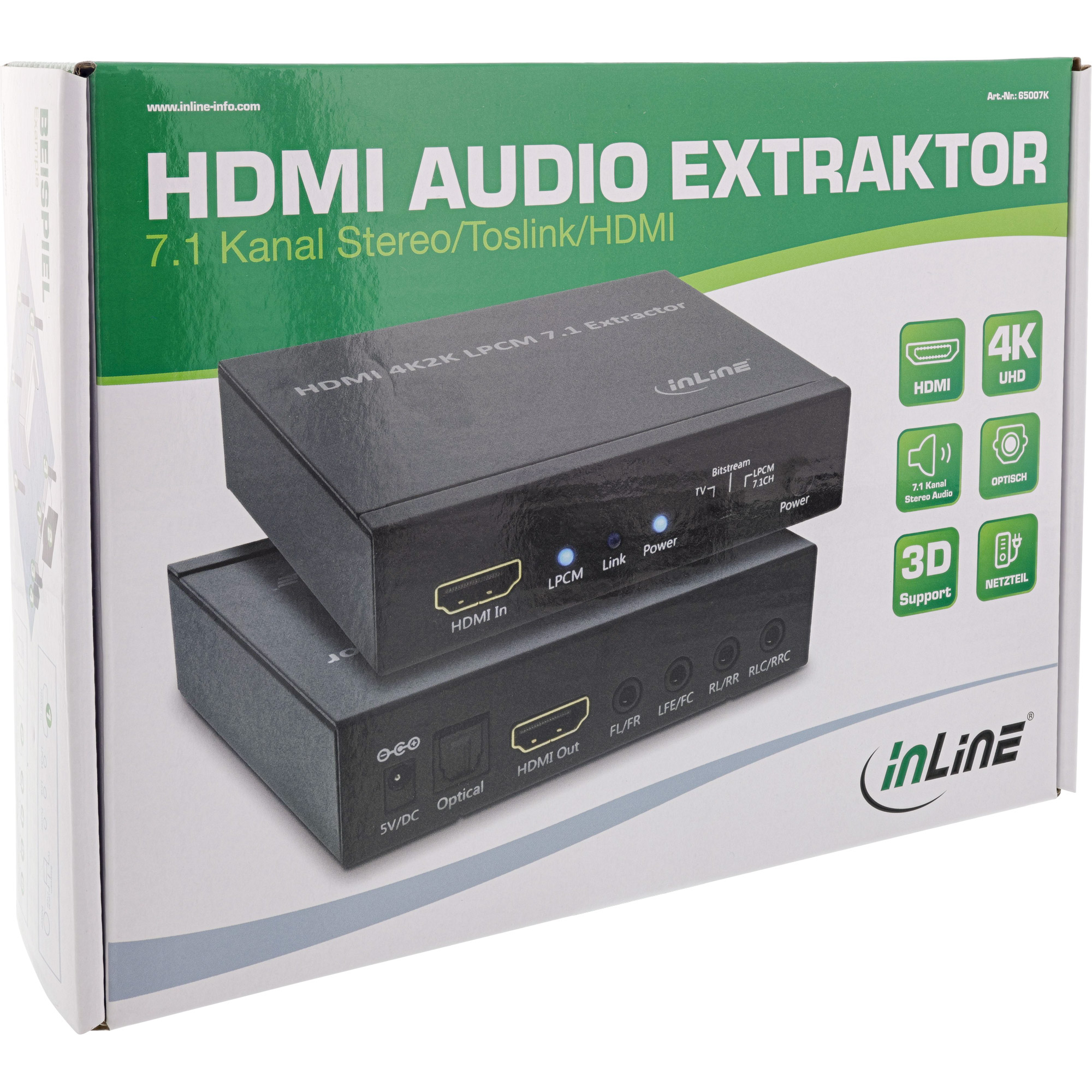 Schachtel für einen HDMI-Audioextraktor. Sie hat Produktbeschreibung und Eigenschaften.