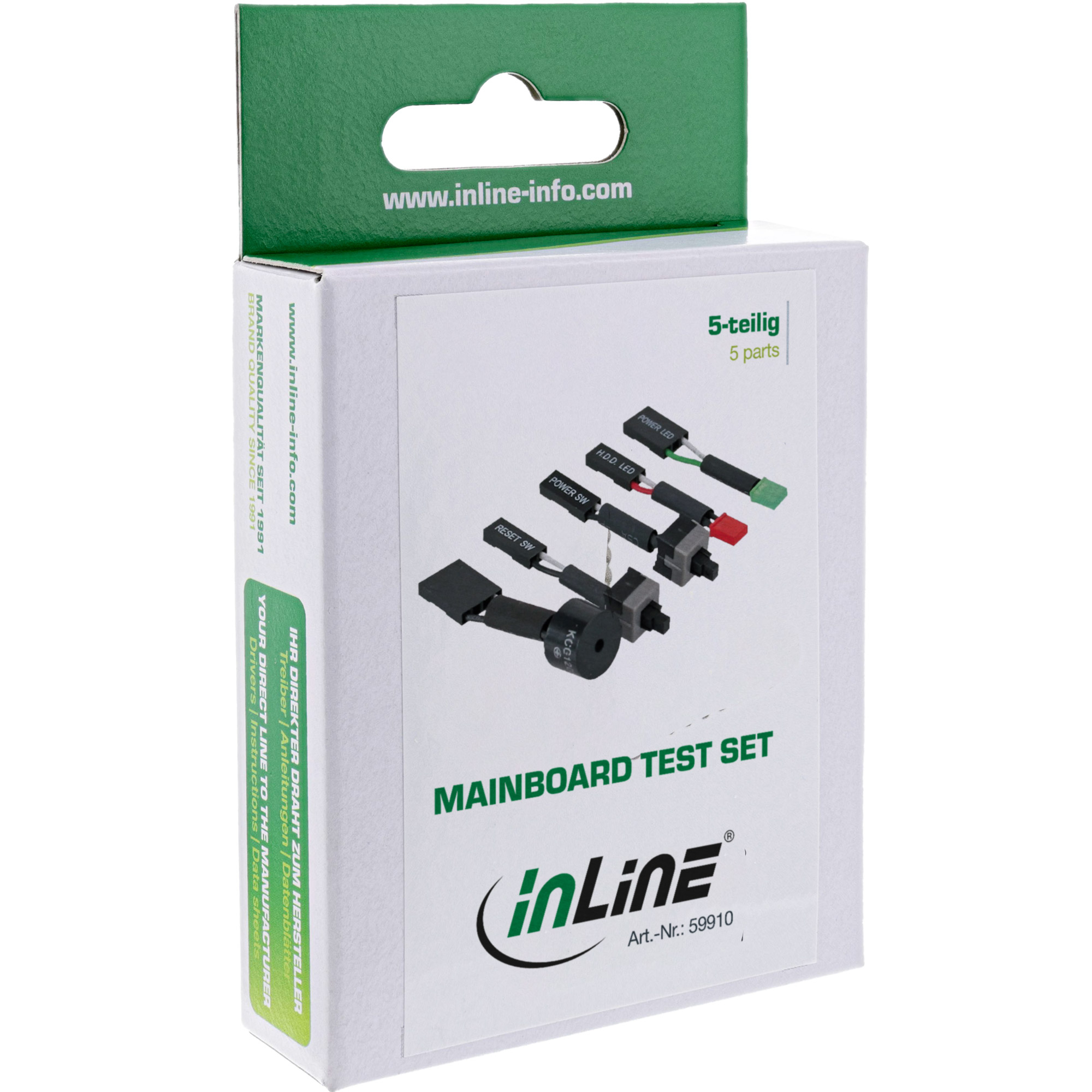 Verpacktes Mainboard-Testset mit Kabeln. Grüne und weiße Box mit Text und Produktkomponenten.