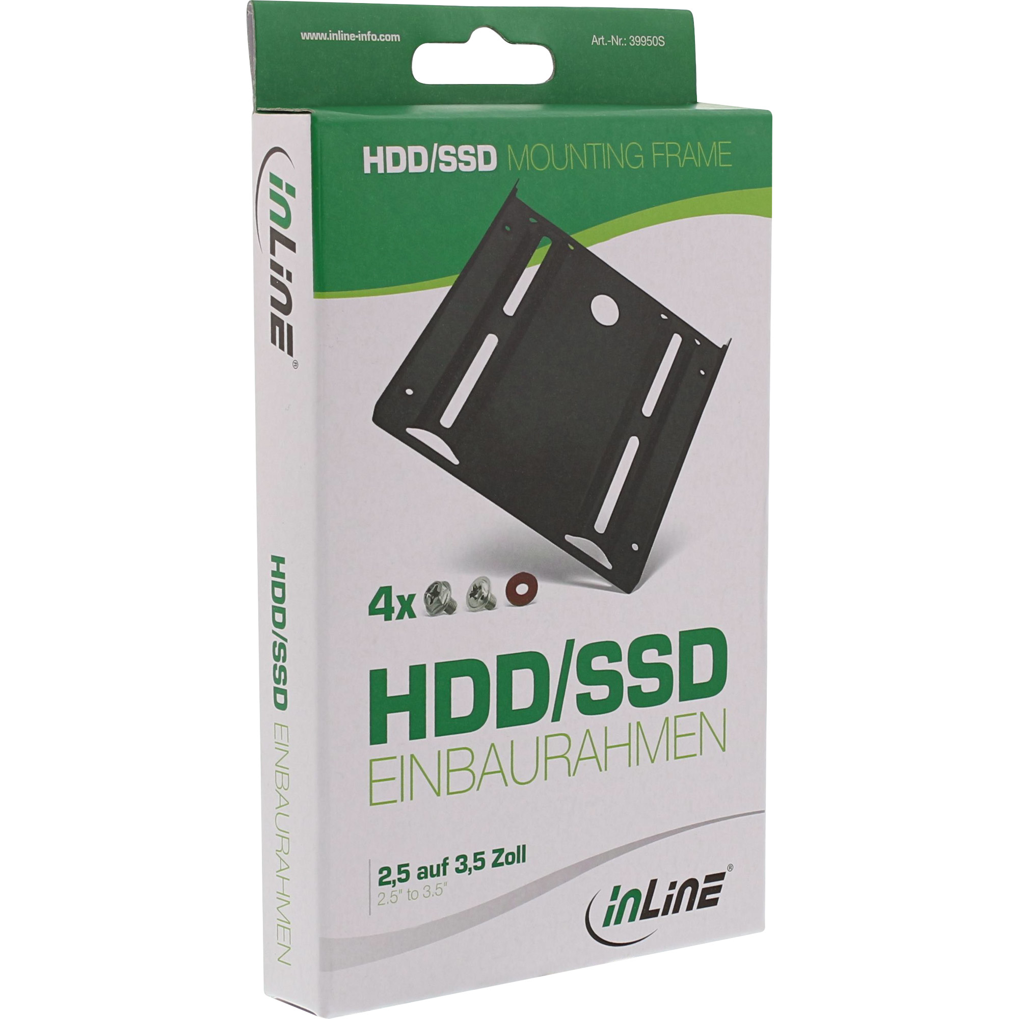 Eine Schachtel mit einem schwarzen HDD/SSD-Montagerahmen, Schrauben und einer roten Unterlegscheibe. Text: 'HDD/SSD EINBAURAHMEN'.