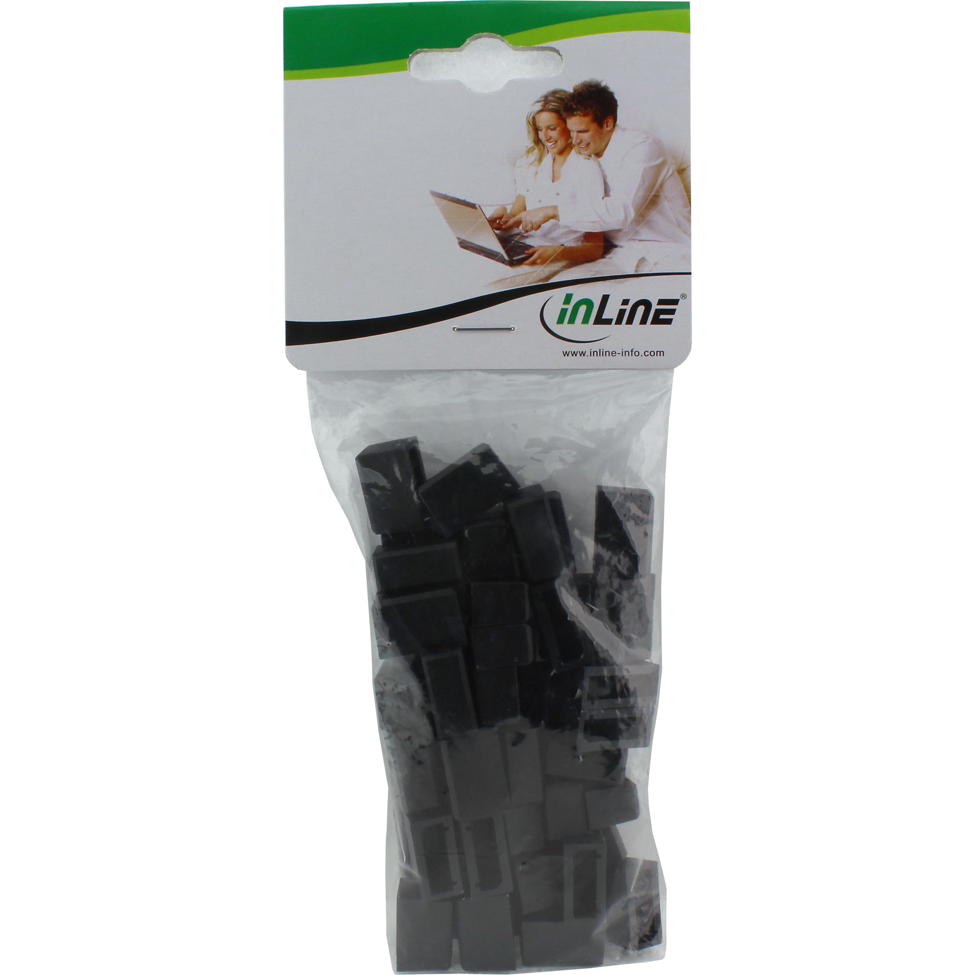 Paket mit schwarzen Kunststoff-Kabelclips. Das Paket hat einen Header mit einem Paar, das einen Laptop benutzt.