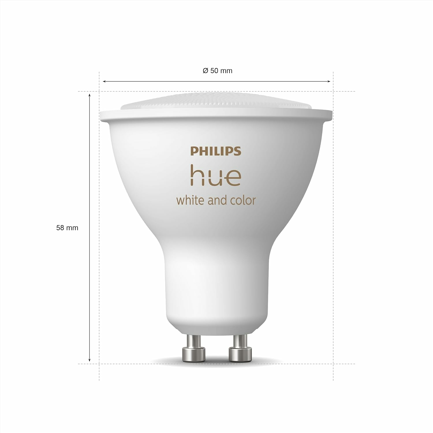 Eine weiße Philips Hue Smart-Glühbirne. Der Text 'PHILIPS hue white and color' ist darauf gedruckt. Maße werden ebenfalls angezeigt.