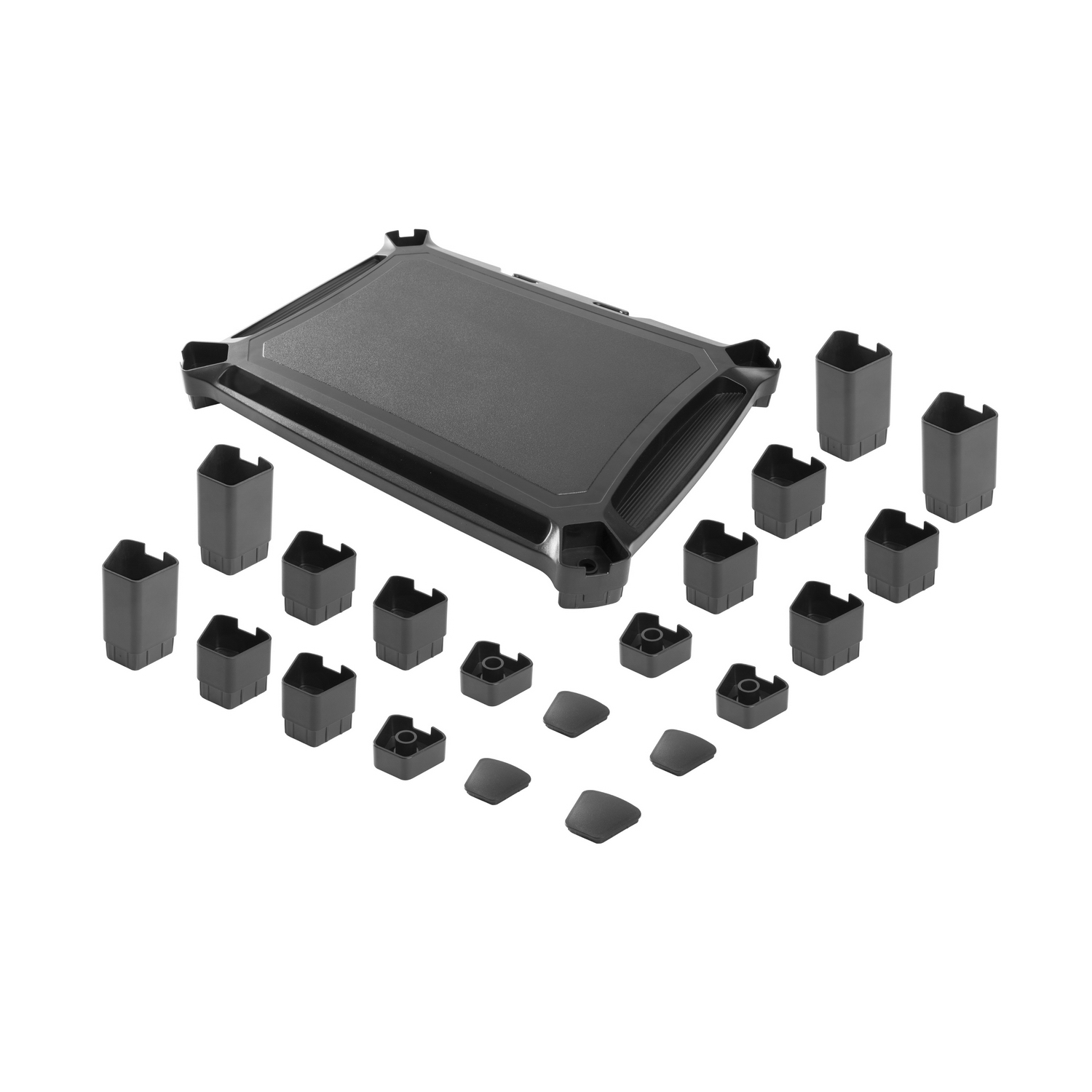 Un juego de componentes negros para un producto, que incluye un marco cuadrado, varios soportes cuadrados y rectangulares y pequeñas almohadillas.