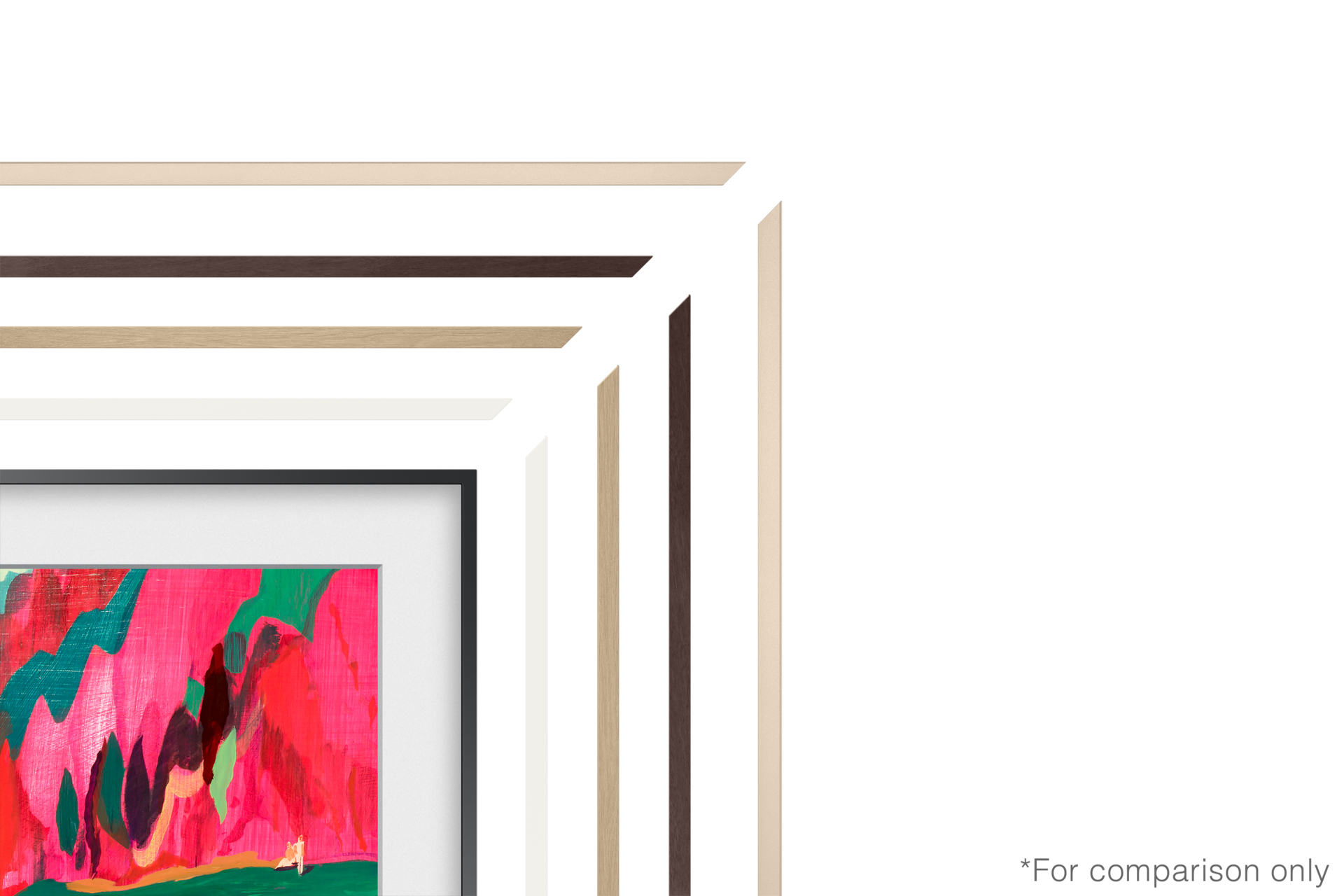 Obraz przedstawia obraz z różnymi próbkami ram. Grafika jest w żywych kolorach czerwonym i zielonym. Ramy są białe, brązowe, beżowe i w odcieniach drewna.