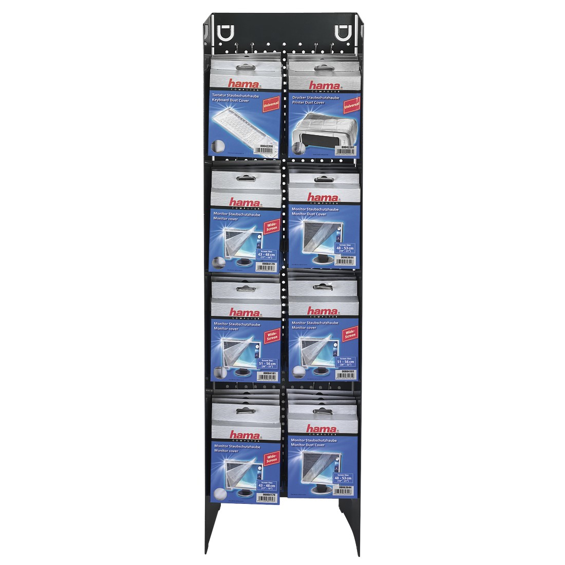 Ein Display-Ständer mit mehreren Packungen Hama Monitor- und Tastatur-Staubschutzhüllen. Jede Packung zeigt ein Produktbild.
