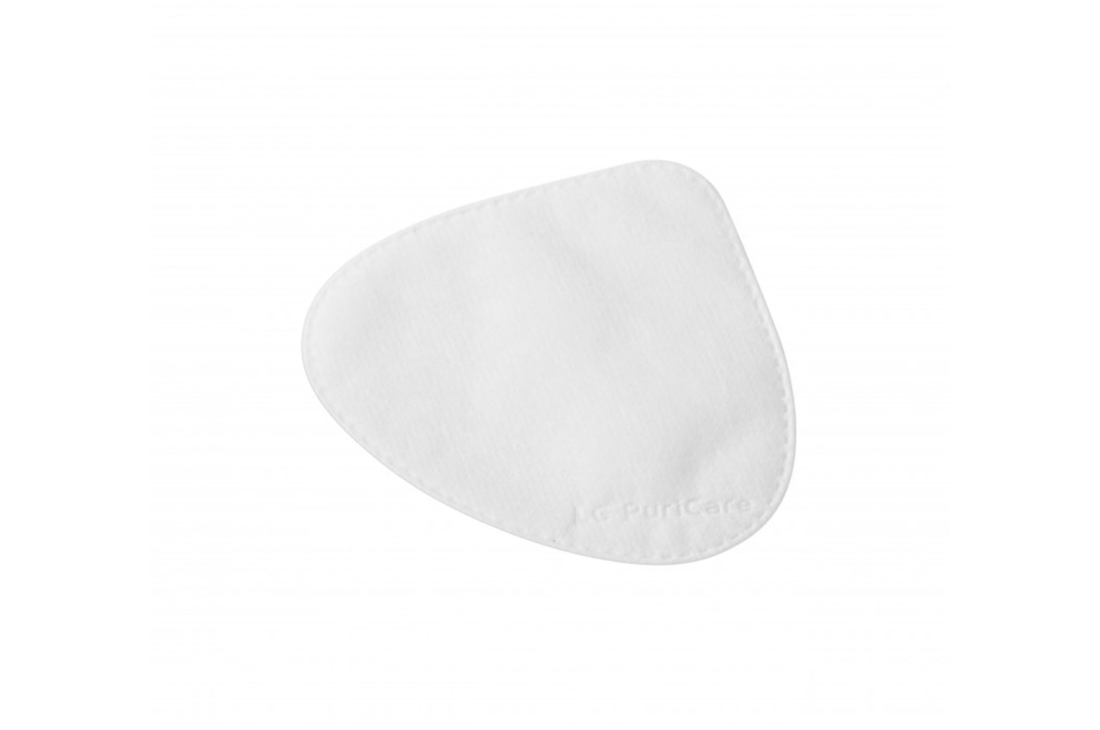 Un filtro blanco en forma de riñón, probablemente para un purificador de aire, sobre fondo blanco. 'LG PuriCare' impreso sutilmente.