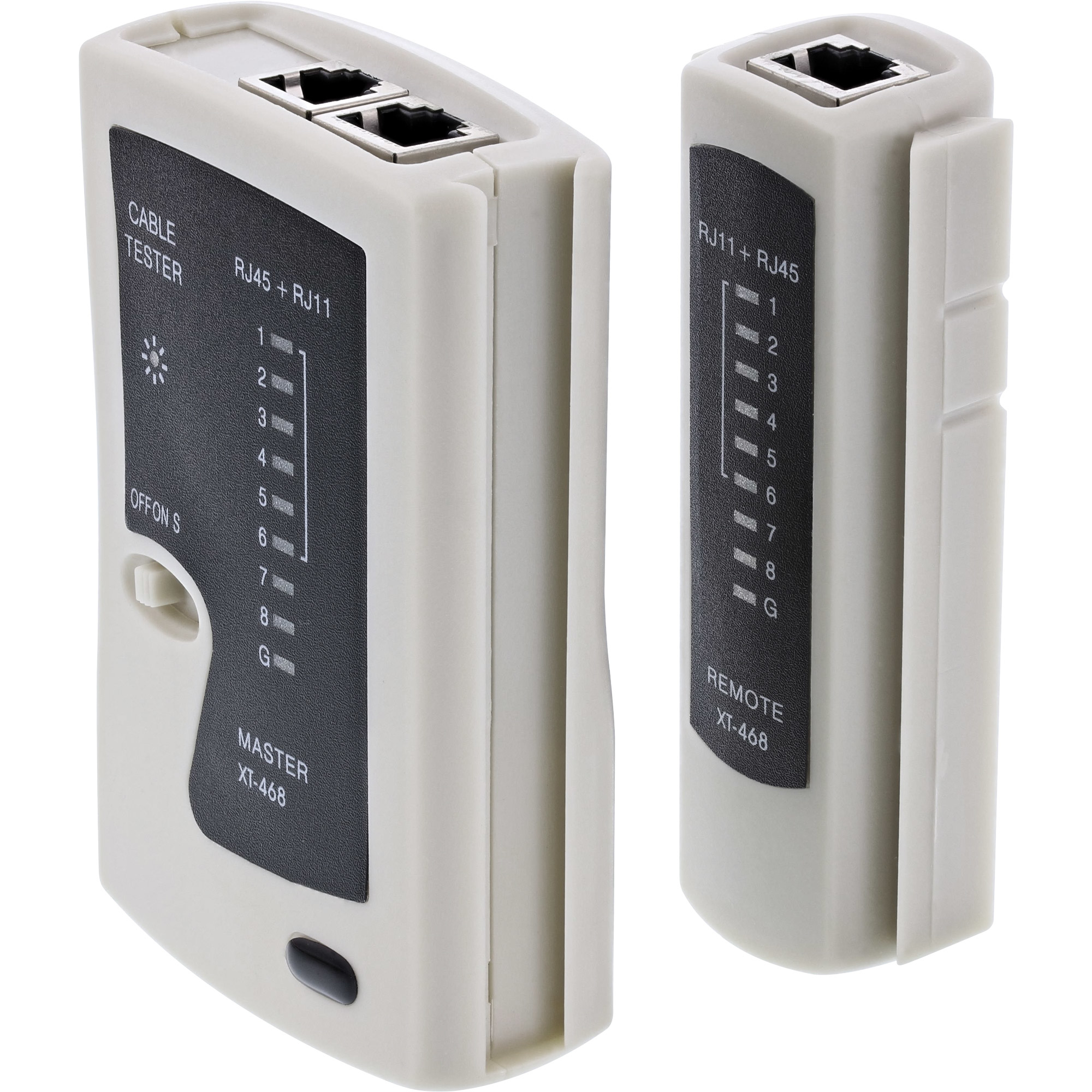 Zwei Kabeltester, einer mit RJ45/RJ11-Anschlüssen, der andere mit RJ11/RJ45-Anschlüssen. Beide sind cremefarben mit schwarzen Etiketten.